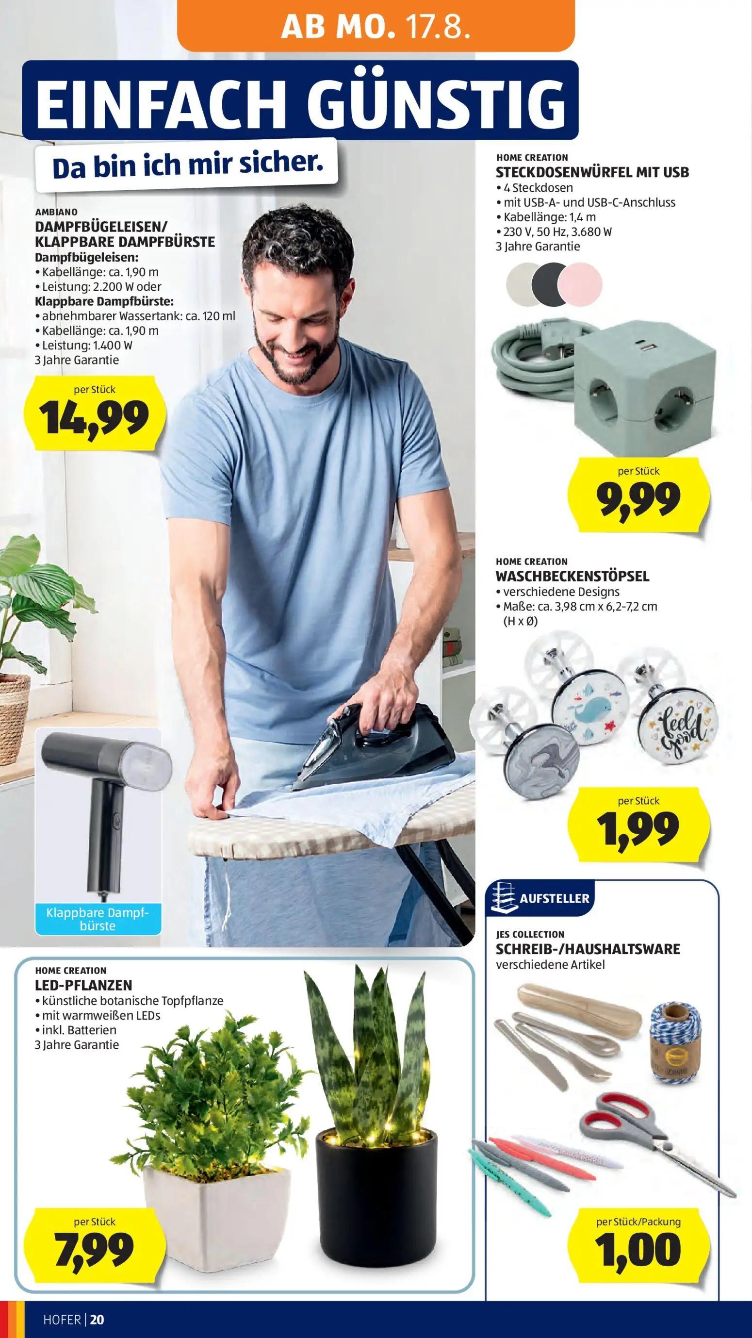 Hofer Prospekt, Seite 34 von 48 — DAMPFBÜGELEISEN/ KLAPPBARE DAMPFBÜRSTE, STECKDOSENWÜRFEL MIT USB, WASCHBECKENSTÖPSEL
