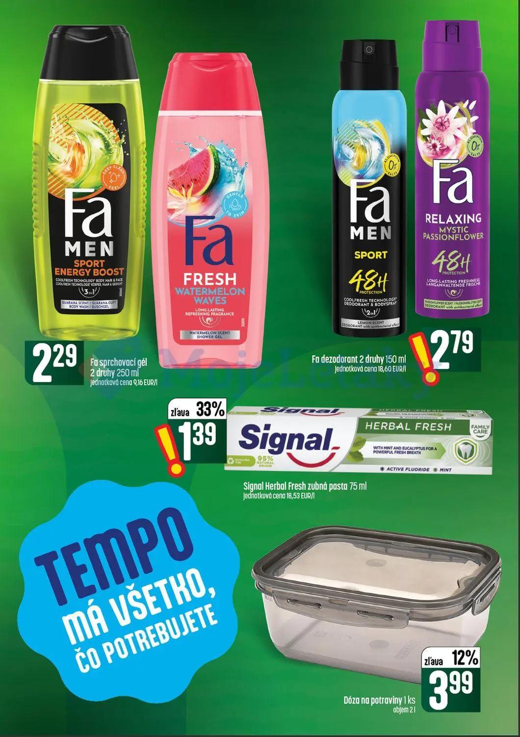 Coop Tempo leták, strana 61 z 64 — Signal Herbal Fresh zubná pasta, Dóza na potraviny, Fa sprchovací gél