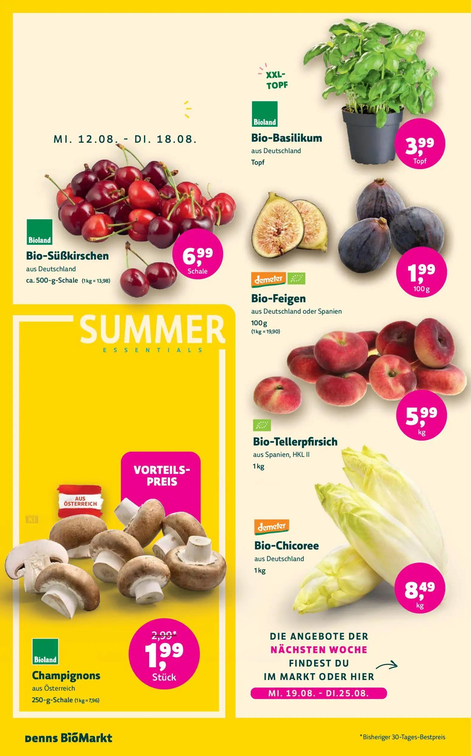 Denns BioMarkt Prospekt, Seite 2 von 14 — Champignons, Bio-Basilikum, Bio-Süßkirschen