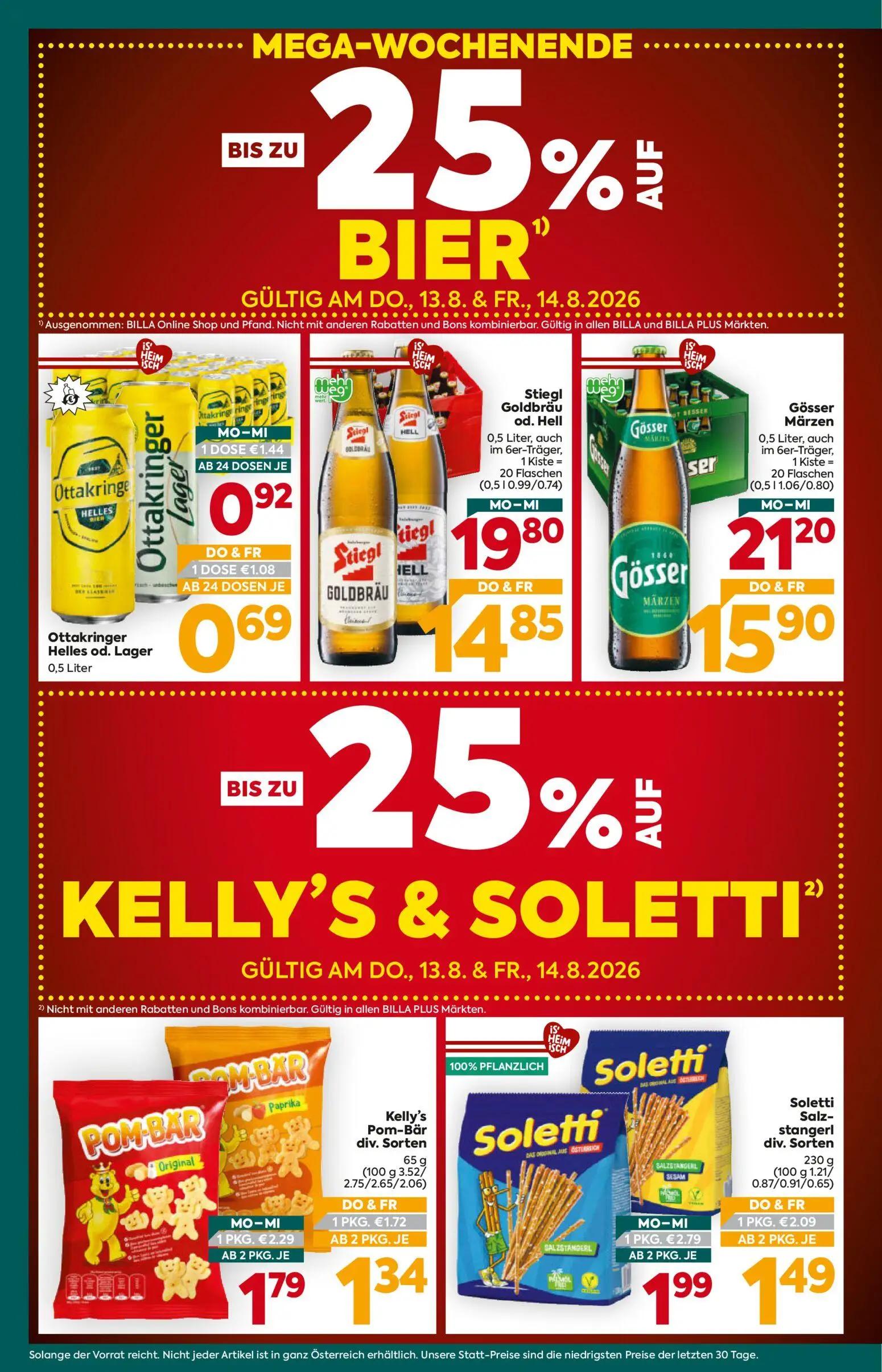 Billa Plus Prospekt, Seite 4 von 16 — Gösser Märzen, Stiegl Goldbräu od. Hell, Soletti Salzstangerl div. Sorten