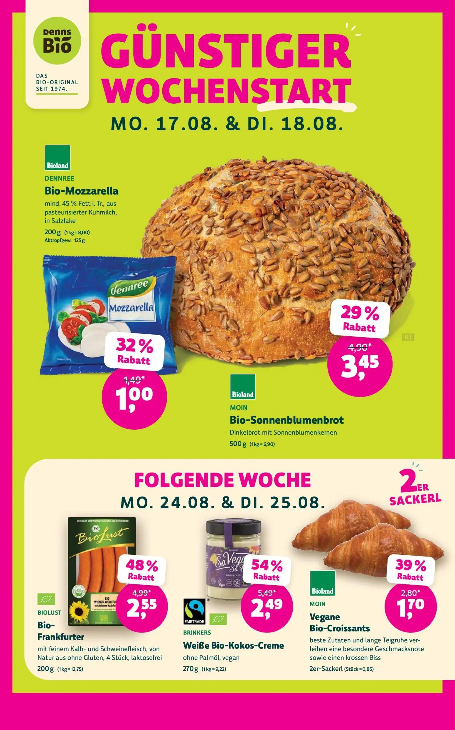 Denns BioMarkt Prospekt, Seite 5 von 14 — Weiße Bio-Kokos-Creme, Bio-Frankfurter, Bio-Sonnenblumenbrot