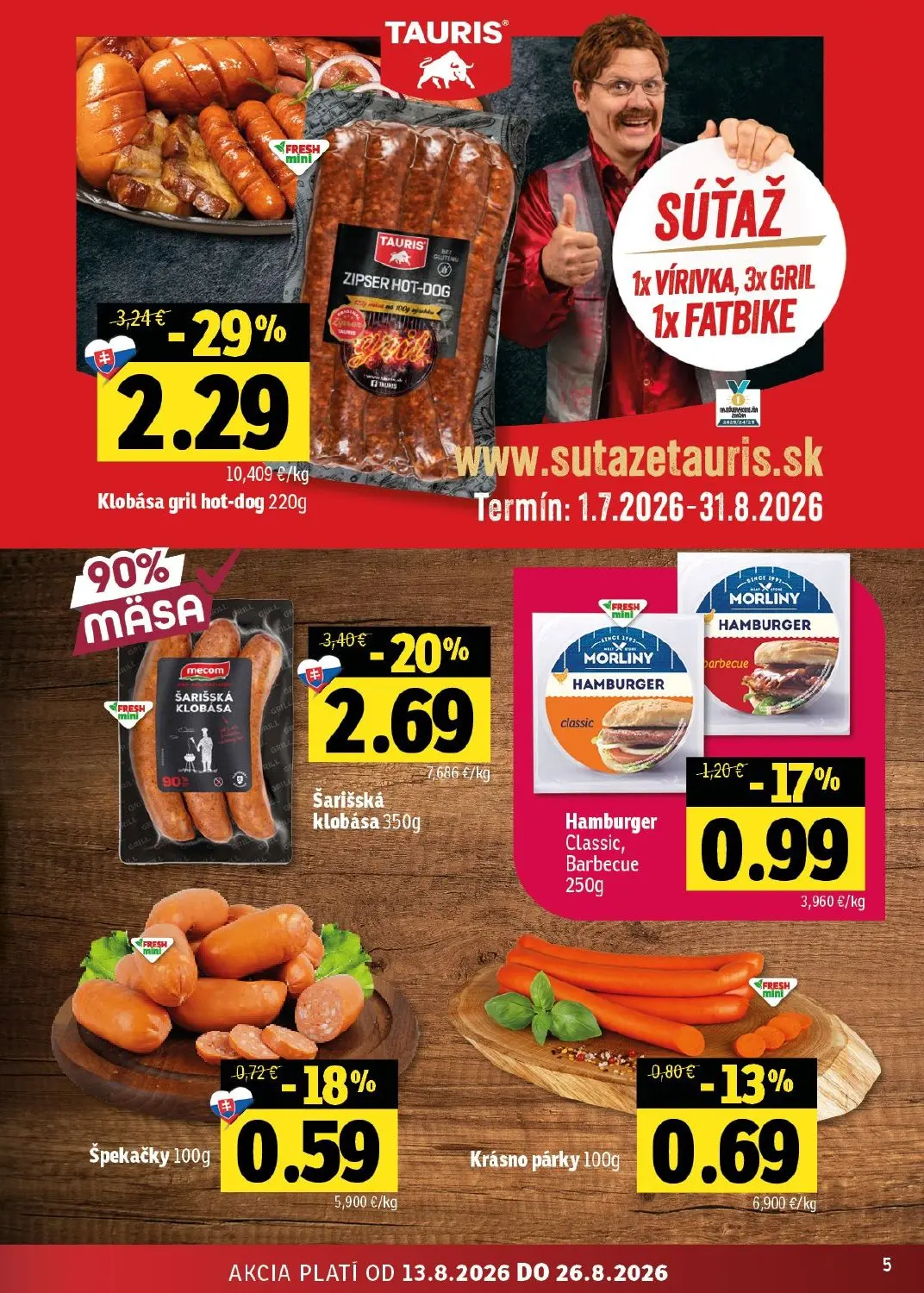 Fresh východ leták, strana 5 z 54 — Klobása gril hot-dog, Šarišská klobása, Hamburger Classic, Barbecue
