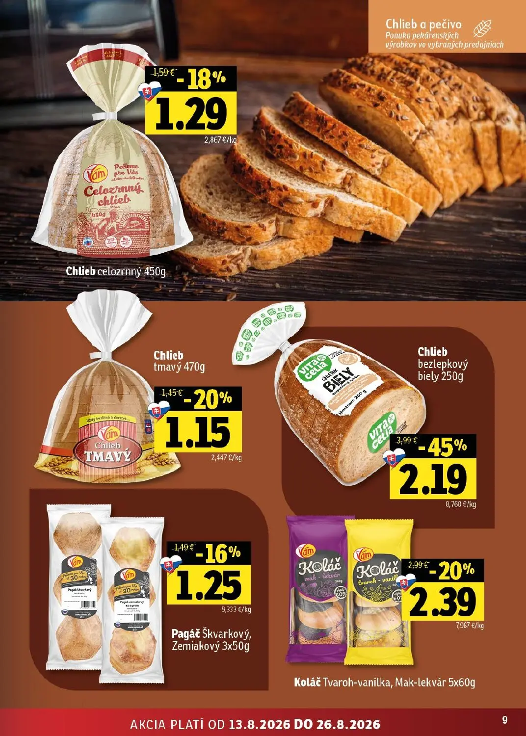 Fresh východ leták, strana 9 z 54 — Chlieb bezlepkový biely, Koláč Tvaroh-vanilka, Mak-lekvár, Chlieb celozrnný