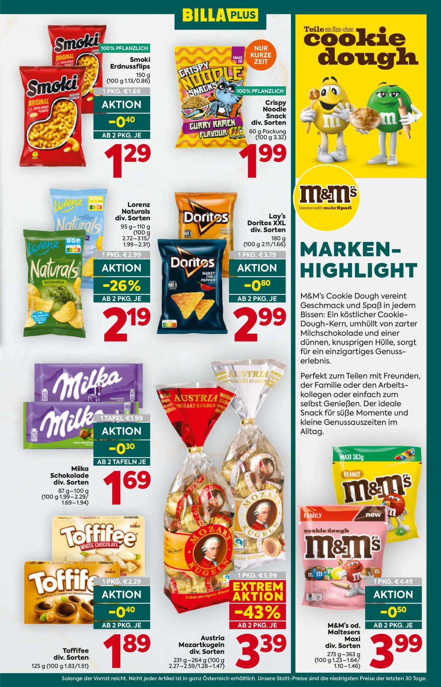 Billa Plus Prospekt, Seite 13 von 16 — Austria Mozartkugeln div. Sorten, Lorenz Naturals div. Sorten, Lay's Doritos XXL div.…