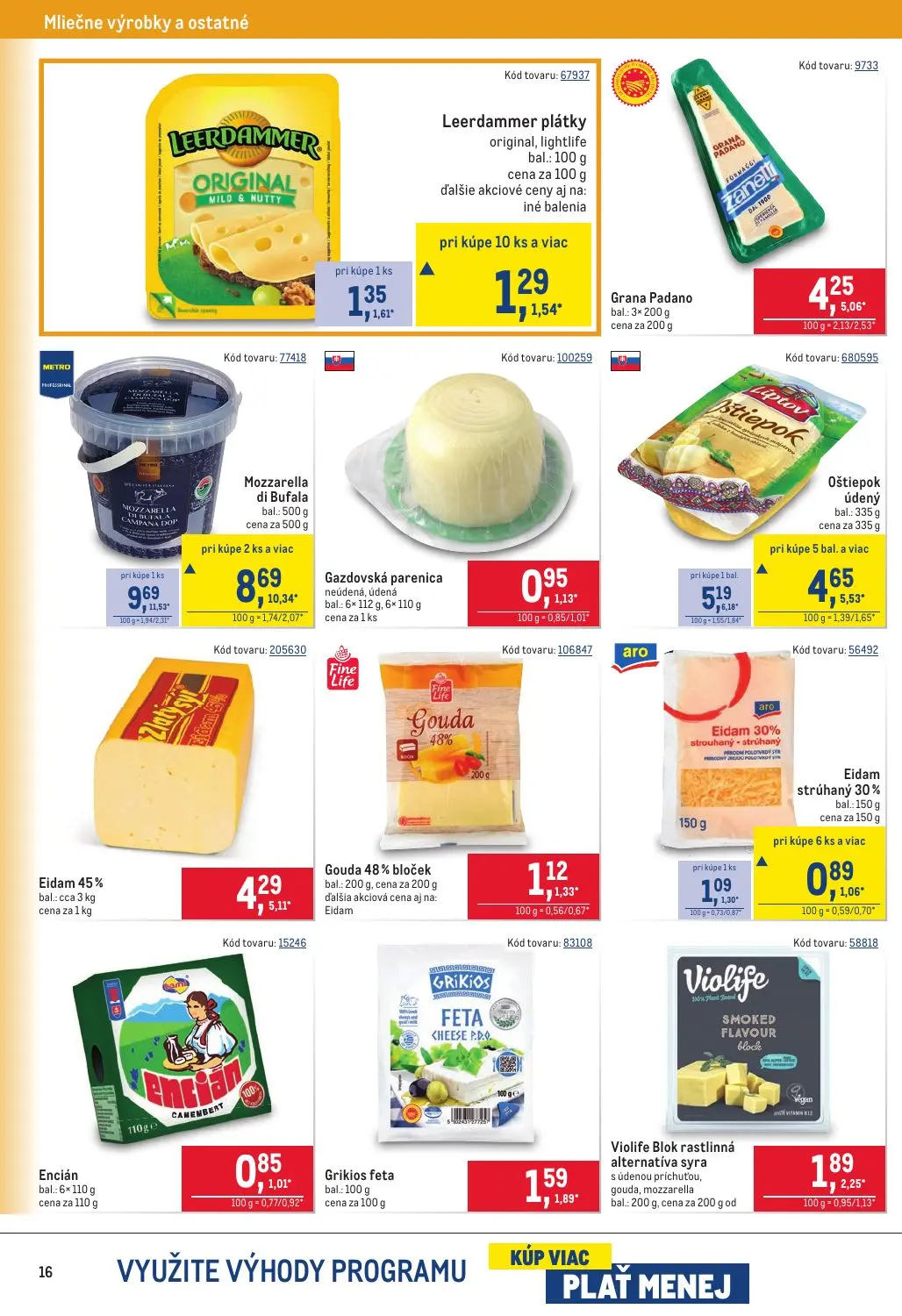 Metro leták, strana 16 z 40 — Mozzarella di Bufala, Oštiepok údený, Eidam 45%