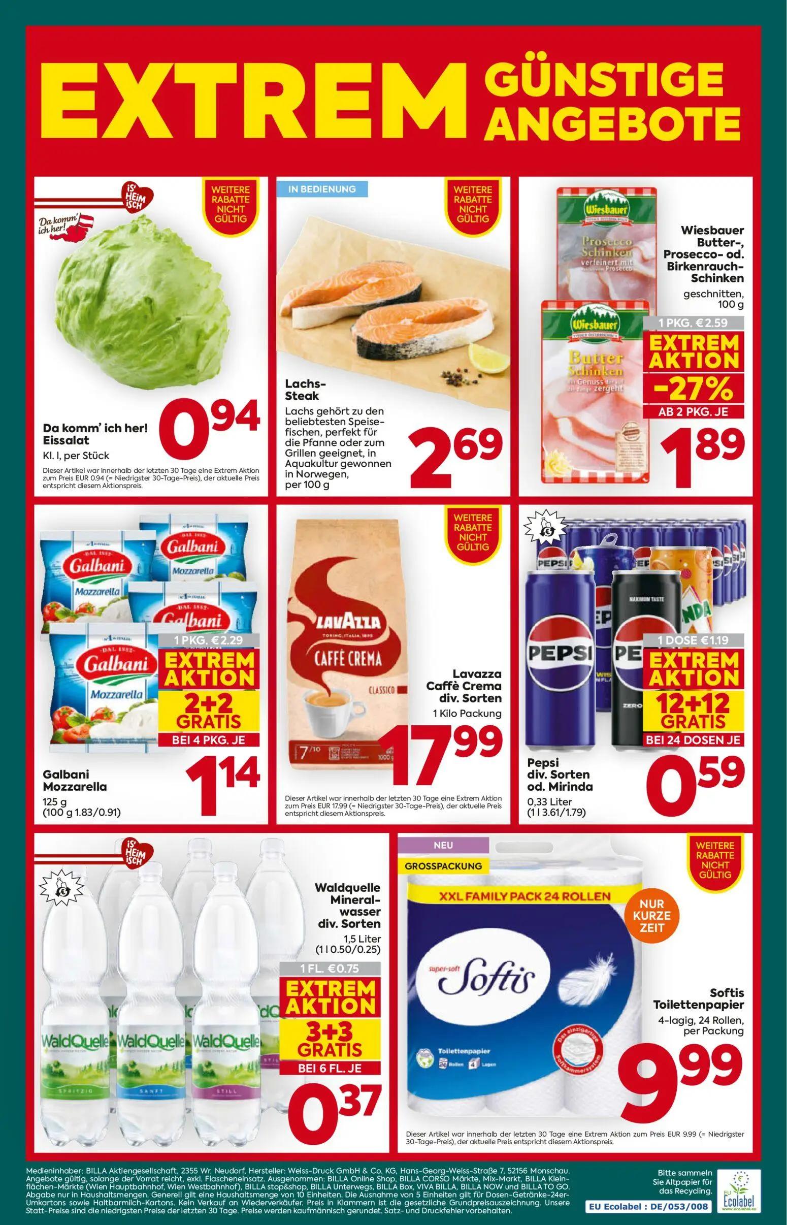 Billa Plus Prospekt, Seite 16 von 16 — Galbani Mozzarella, Wiesbauer Butter-, Prosecco-od. Birkenrauch-Schinken, Pepsi div. …