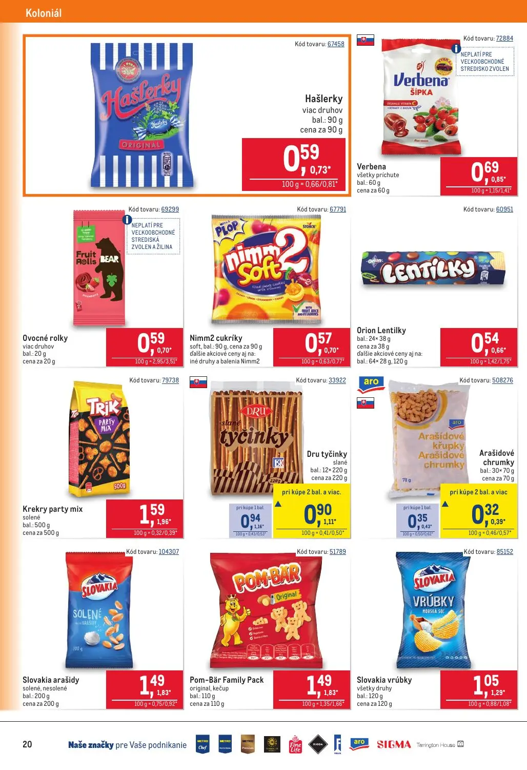 Metro leták, strana 20 z 40 — Krekry party mix solené, Slovakia arašidy solené, nesolené, Pom-Bär Family Pack original, kečup