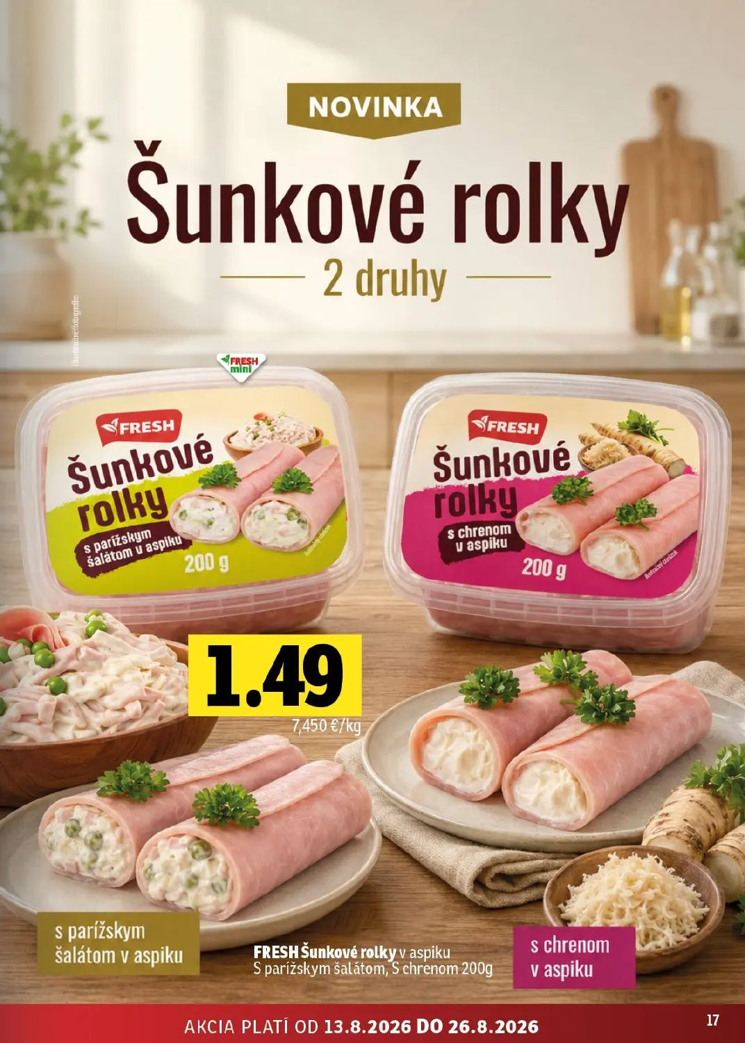 Fresh východ leták, strana 17 z 54 — Šunkové rolky s parížskym šalátom v aspiku, Šunkové rolky s chrenom v aspiku