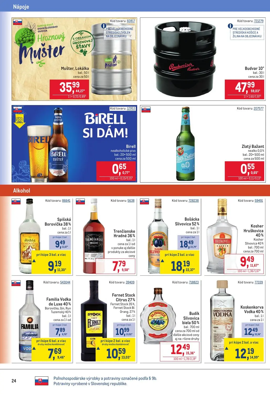 Metro leták, strana 24 z 32 — Budvar 10°, Mušter, Lokálka, Bošácka Slivovica 52%