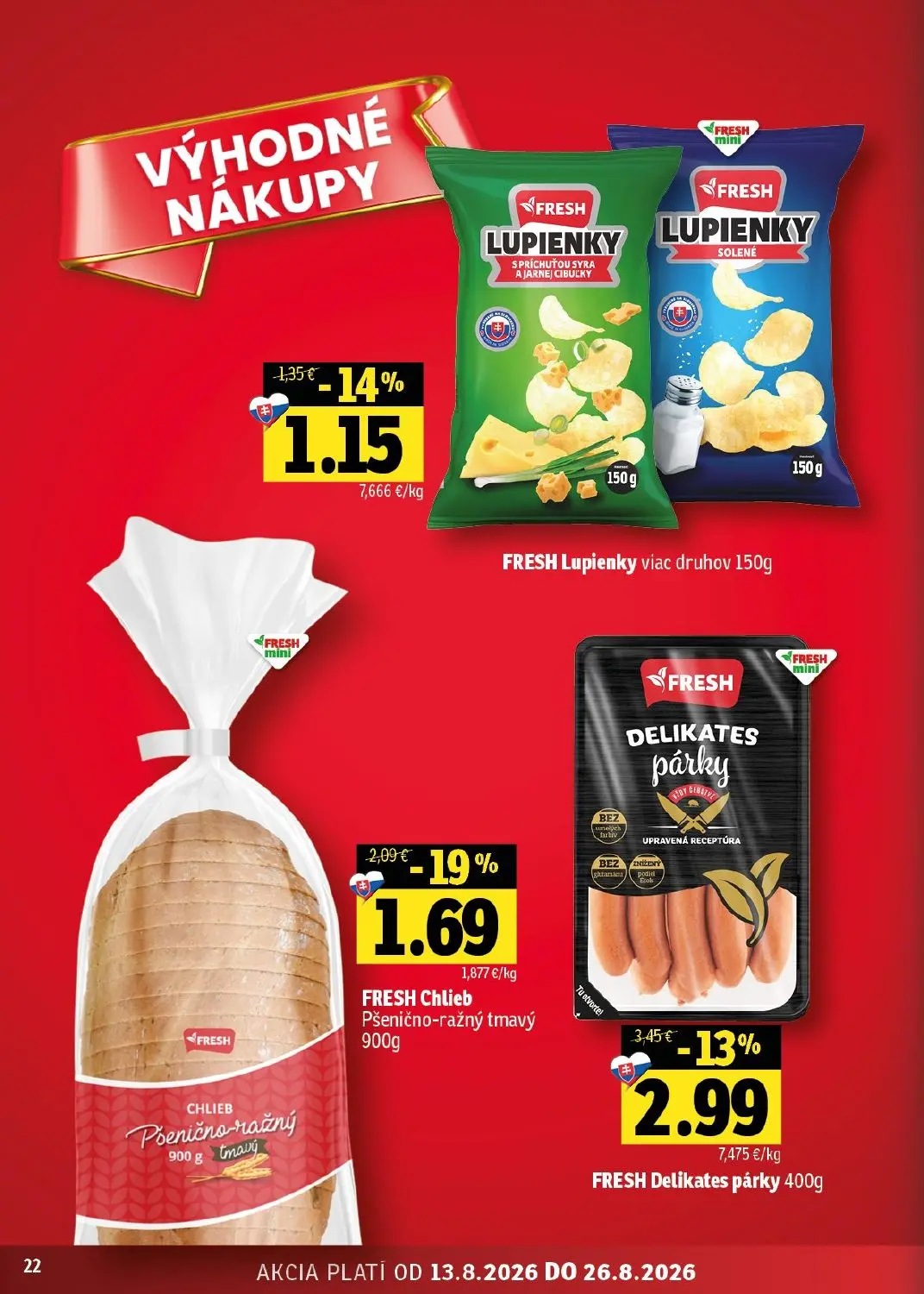 Fresh východ leták, strana 22 z 54 — FRESH Delikates párky, FRESH Chlieb Pšenično-ražný tmavý, FRESH Lupienky