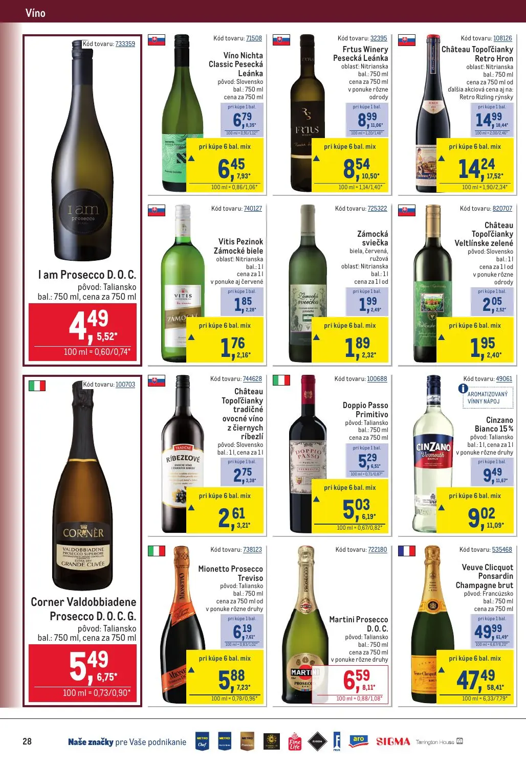 Metro leták, strana 28 z 32 — Veuve Clicquot Ponsardin Champagne brut, Château Topoľčianky Retro Hron, Cinzano Bianco 15%