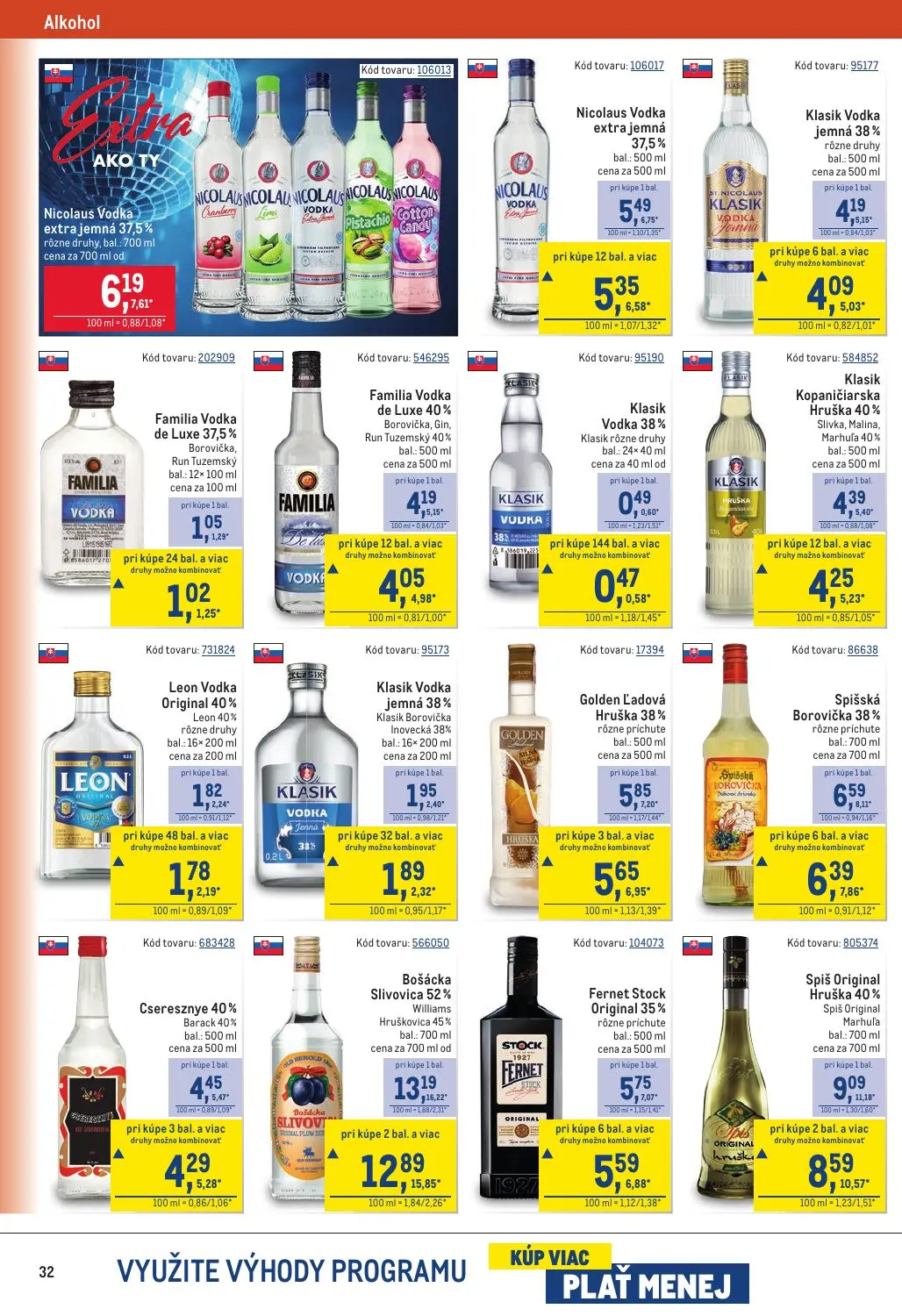 Metro leták, strana 32 z 40 — Spiš Original Hruška 40%, Bošácka Slivovica 52%, Golden Ľadová Hruška 38%