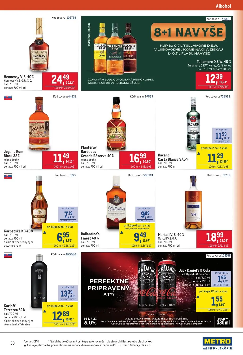 Metro leták, strana 33 z 40 — Hennessy V.S. 40% Hennessy V.S.O.P., X.O., Martell V.S. 40% Martell V.S.O.P., Planteray Barbad…