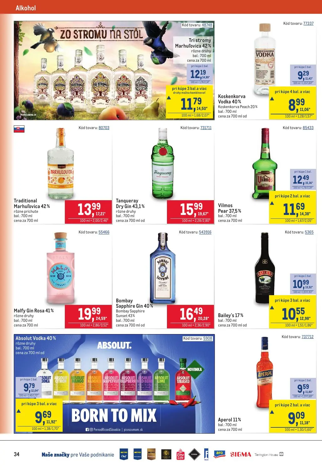 Metro leták, strana 34 z 40 — Malfy Gin Rosa 41%, Bombay Sapphire Gin 40%, Tanqueray Dry Gin 43,1%