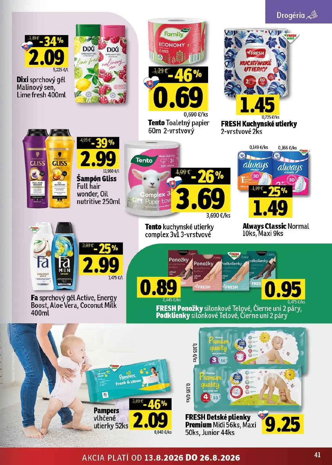Fresh východ leták, strana 41 z 54 — Šampón Gliss Full hair wonder, Oil nutritive 250ml, Pampers vlhčené utierky 52ks, Tento…