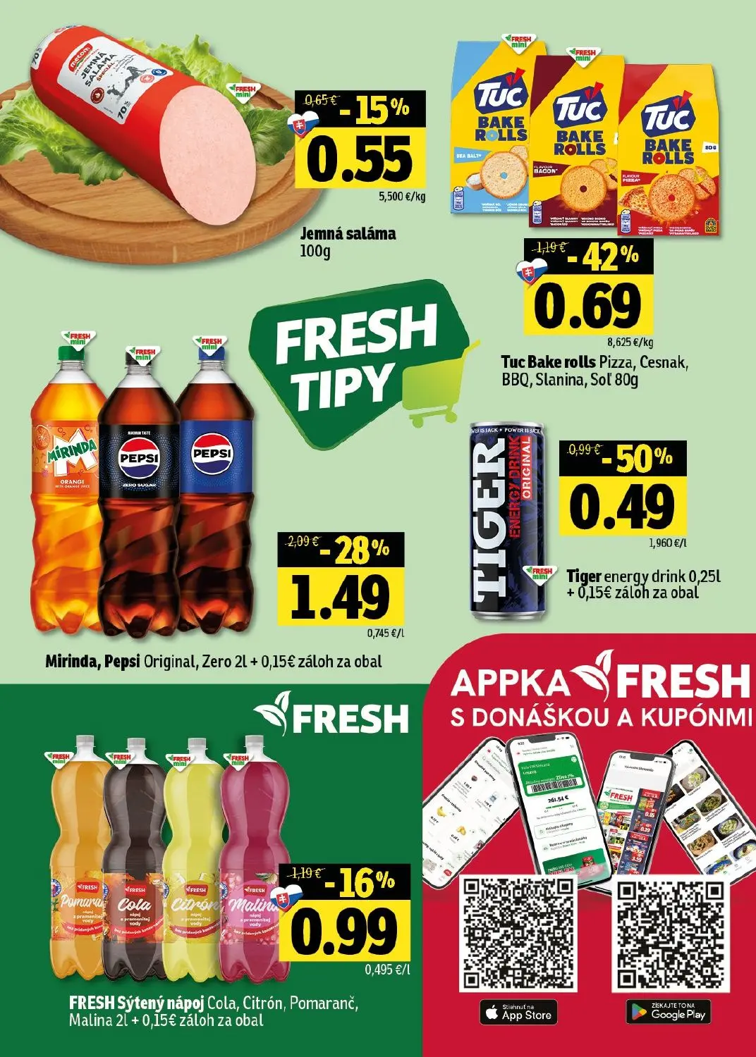 Fresh východ leták, strana 54 z 54 — Mirinda, Pepsi Original, Zero, Tuc Bake rolls Pizza, Cesnak, BBQ, Slanina, Soľ, Tiger e…