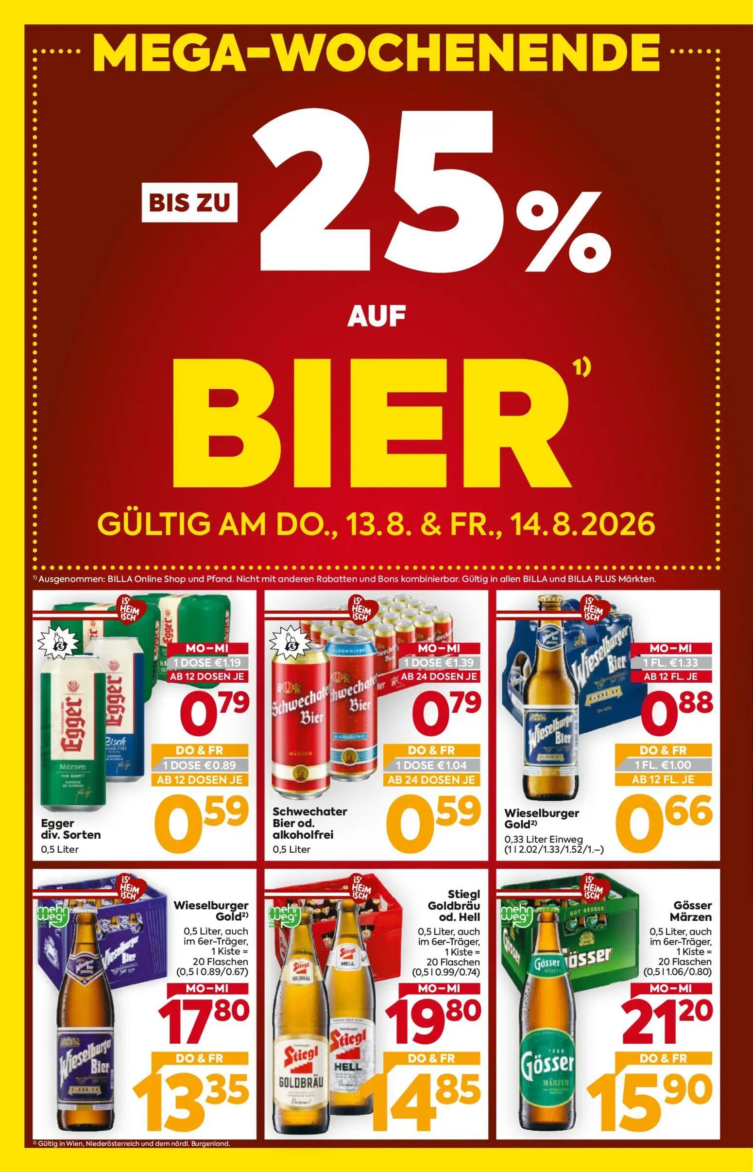 Billa Prospekt, Seite 2 von 16 — Stiegl Goldbräu od. Hell, Wieselburger Gold, Egger div. Sorten