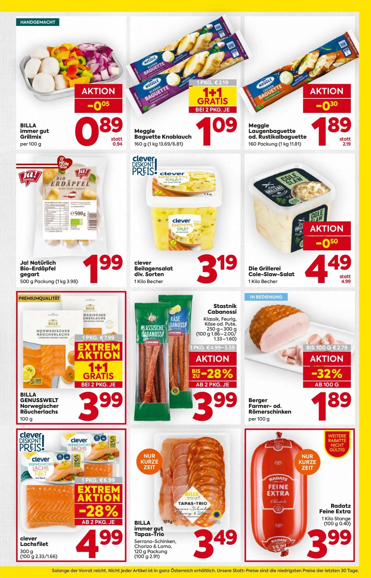 Billa Prospekt, Seite 7 von 16 — Die Grillerei Cole-Slaw-Salat, Meggle Baguette Knoblauch, Ja! Natürlich Bio-Erdäpfel gegart