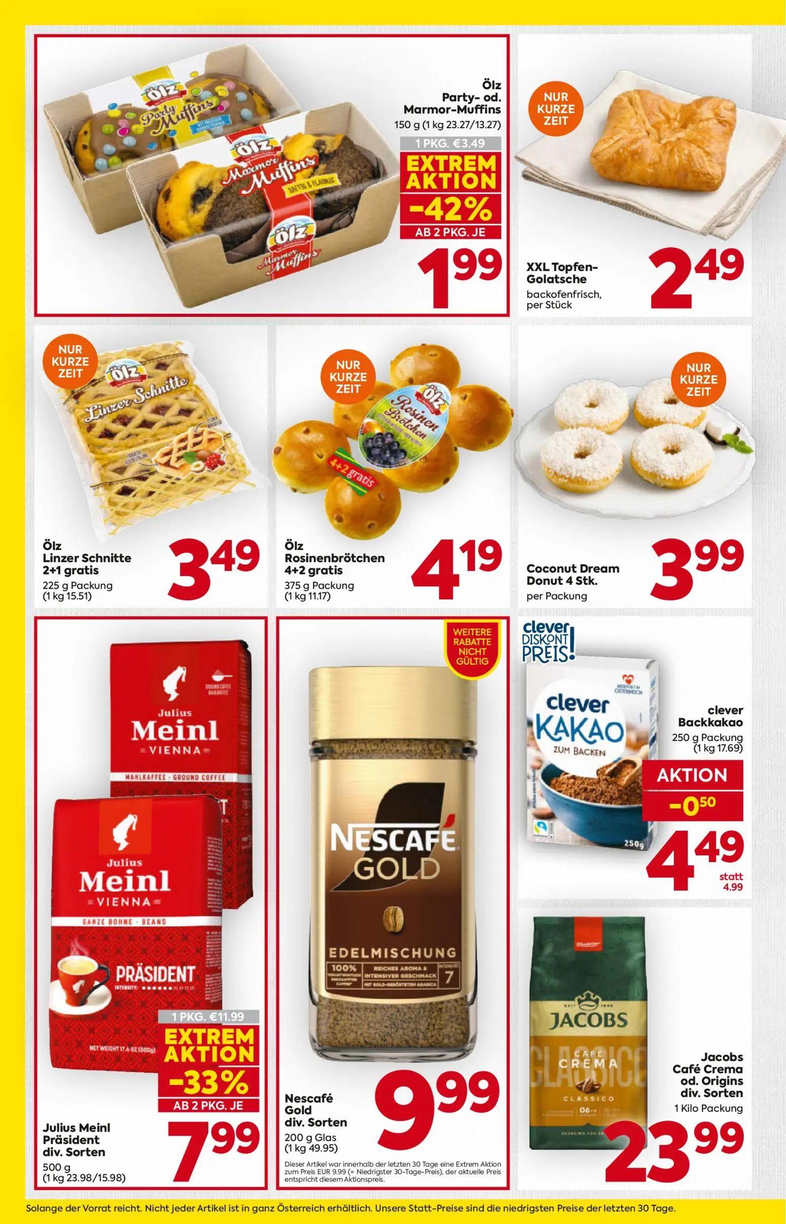 Billa Prospekt, Seite 10 von 16 — Julius Meinl Präsident div. Sorten, Ölz Party- od. Marmor-Muffins, Ölz Linzer Schnitte 2+1…
