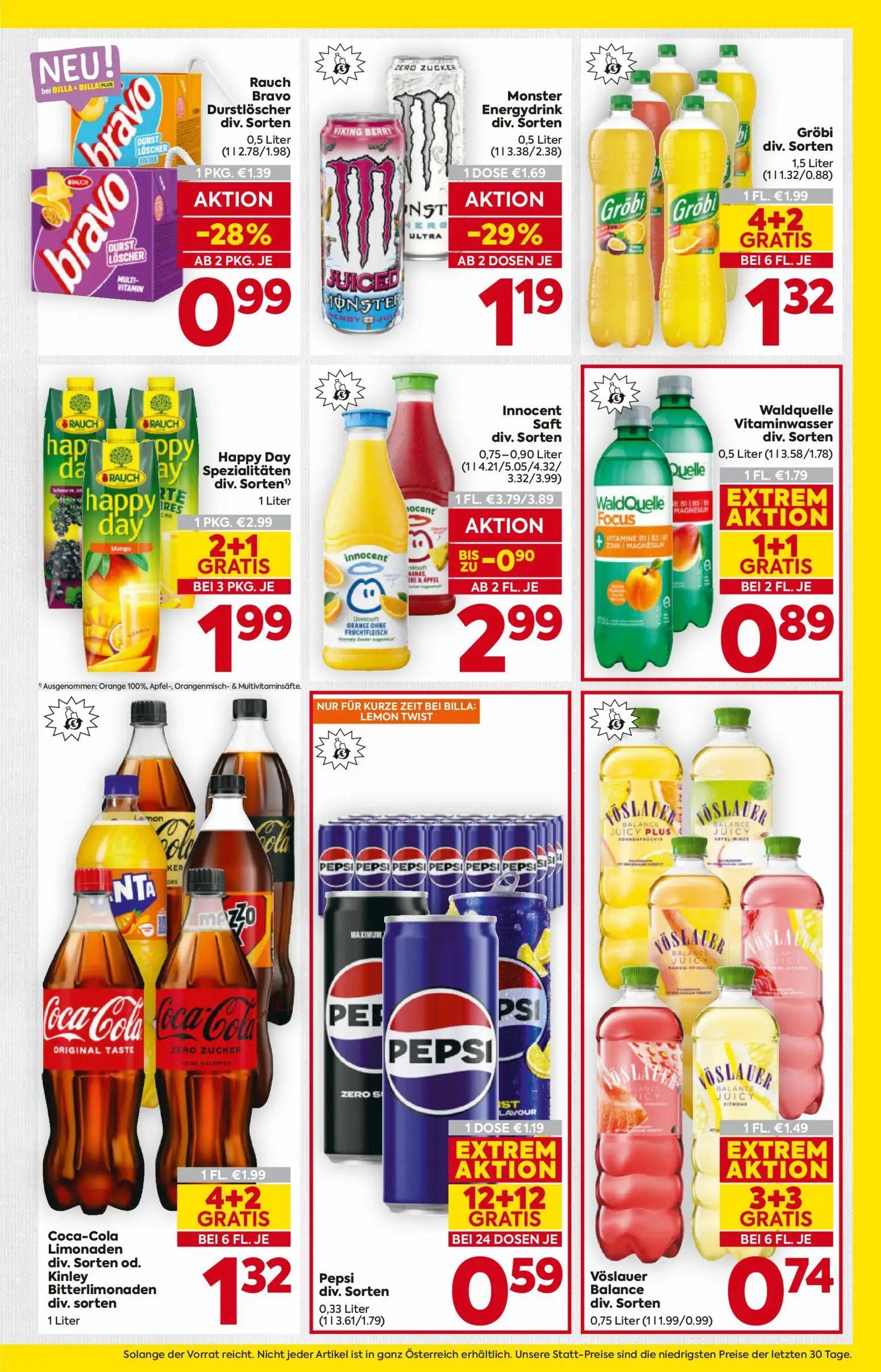 Billa Prospekt, Seite 13 von 16 — Happy Day Spezialitäten div. Sorten, Waldquelle Vitaminwasser div. Sorten, Vöslauer Balanc…
