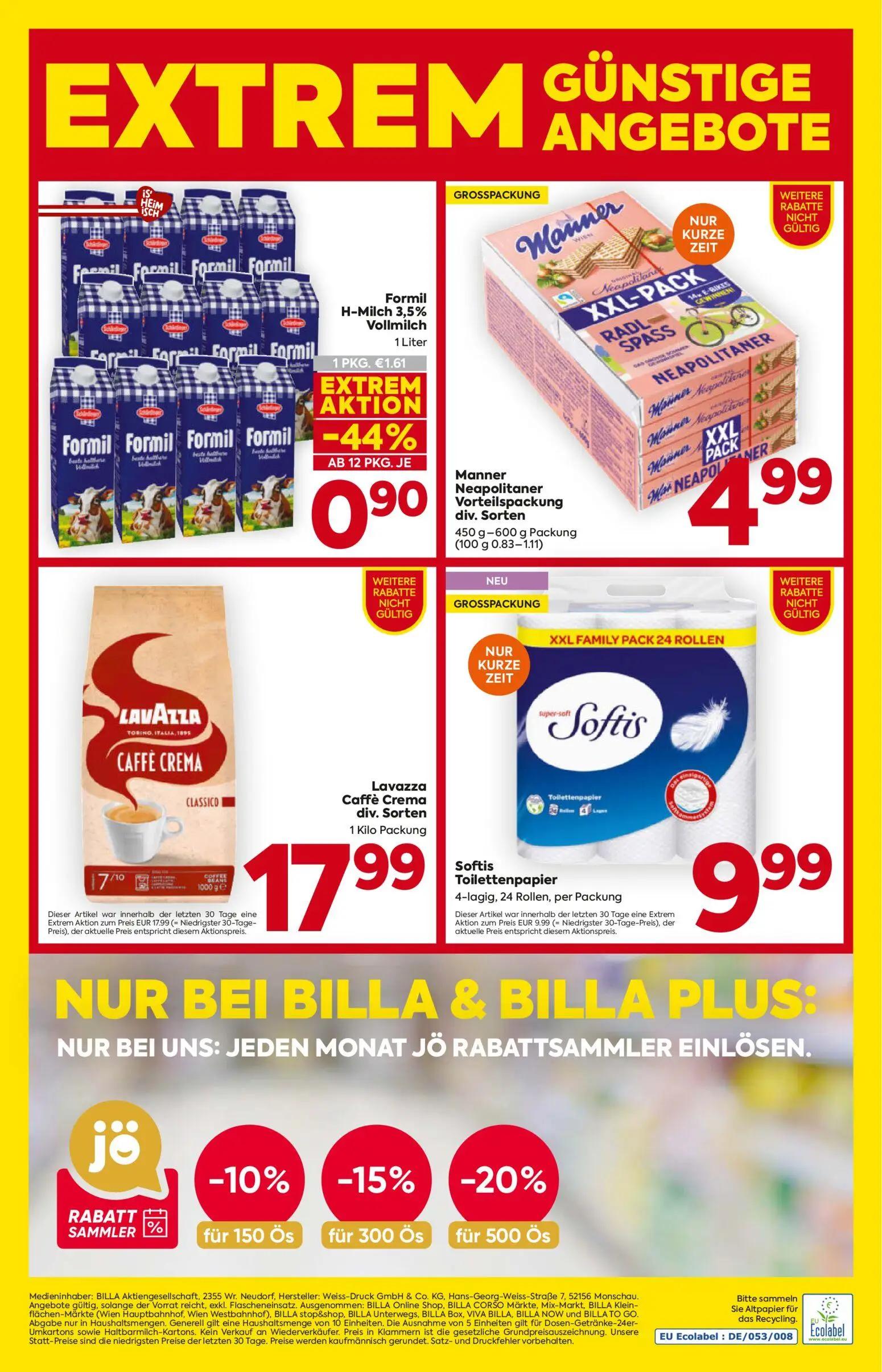 Billa Prospekt, Seite 16 von 16 — Lavazza Caffè Crema div. Sorten, Softis Toilettenpapier