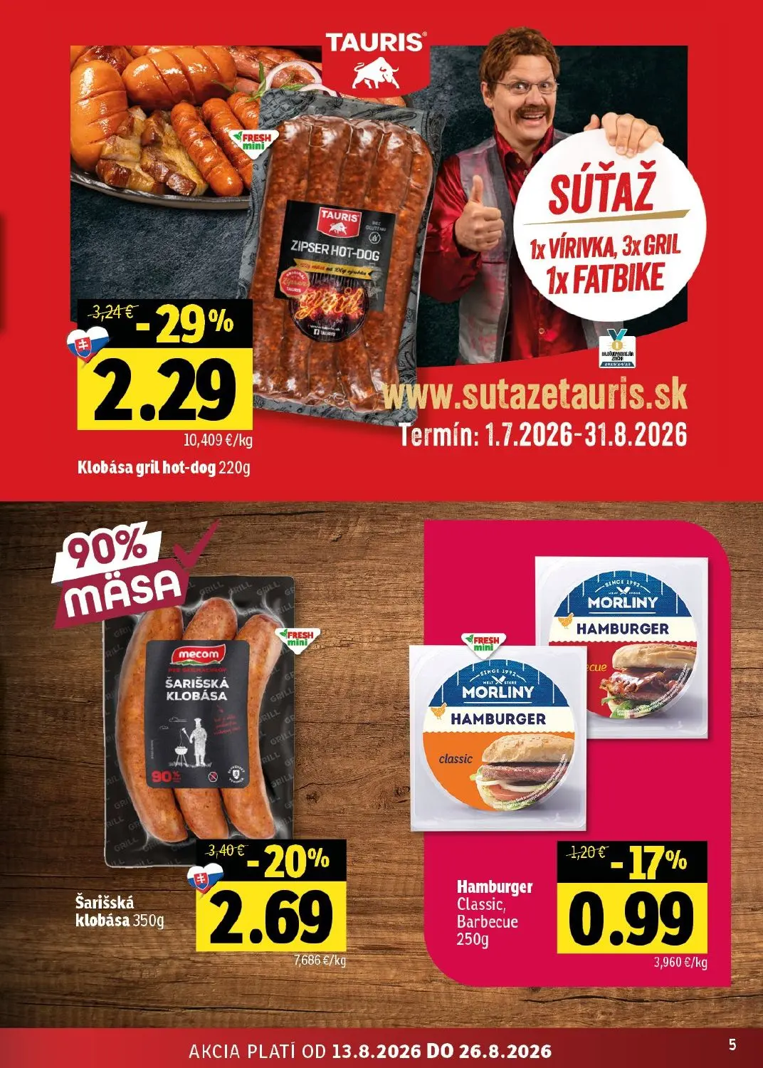 Fresh - západ leták, strana 5 z 48 — Klobása gril hot-dog, Šarišská klobása, Hamburger Classic, Barbecue