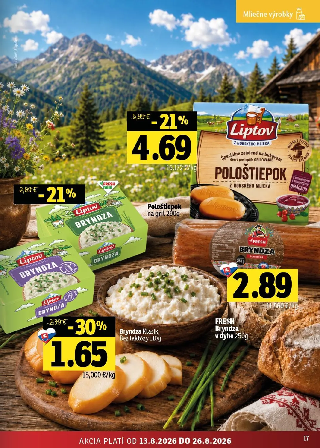 Fresh - západ leták, strana 17 z 48 — Pološtiepok, Bryndza Klasik, Bez laktózy, Liptov BRYNDZA