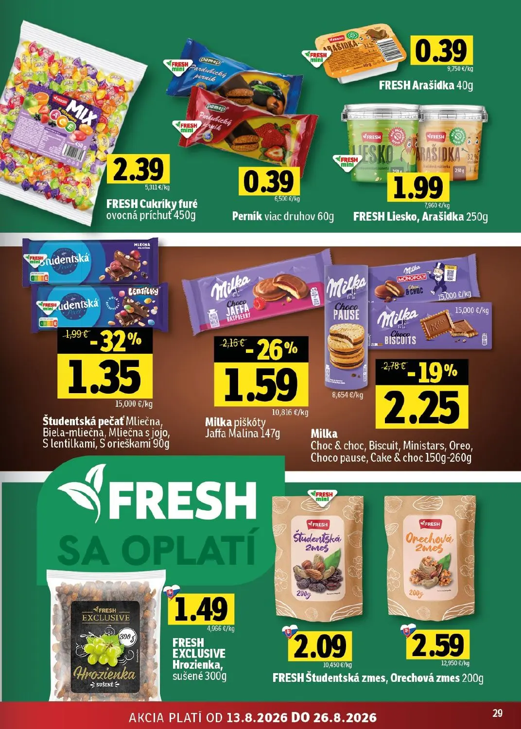 Fresh - západ leták, strana 29 z 48 — Študentská pečať Mliečna, Biela-mliečna, Mliečna s jojo, S lentilkami, S orieškami, Mi…