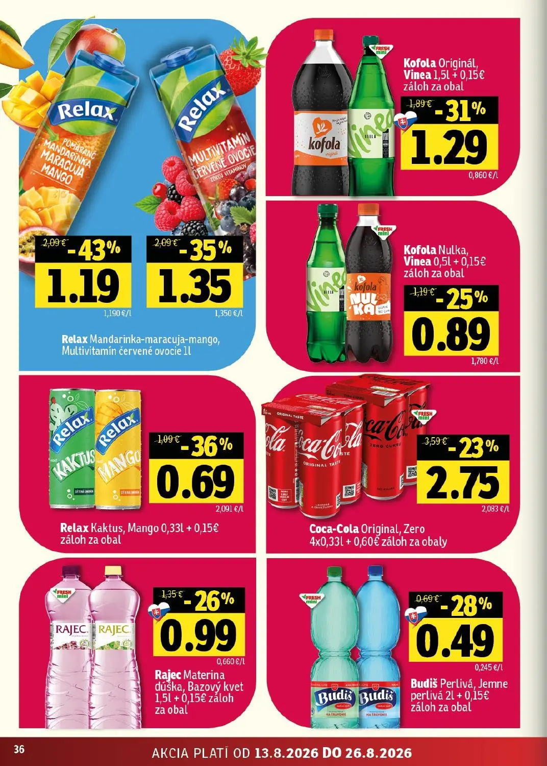 Fresh - západ leták, strana 36 z 48 — Relax Mandarinka-maracuja-mango, Coca-Cola Original, Zero, Relax Multivitamín červené …