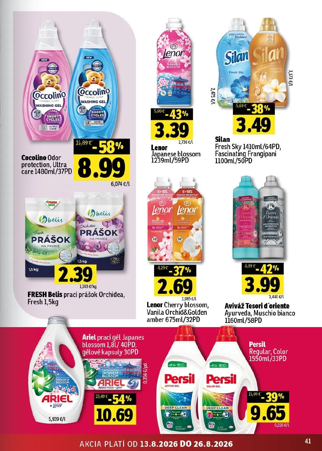 Fresh - západ leták, strana 41 z 48 — Cocolino Odor protection, Ultra care, Ariel prací gél Japanes blossom, Persil Regular,…