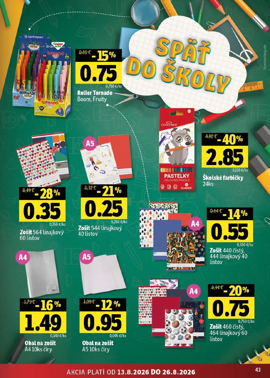 Fresh - západ leták, strana 43 z 48 — Školské farbičky, Obal na zošit A4, Zošit 460 čistý, 464 linajkový