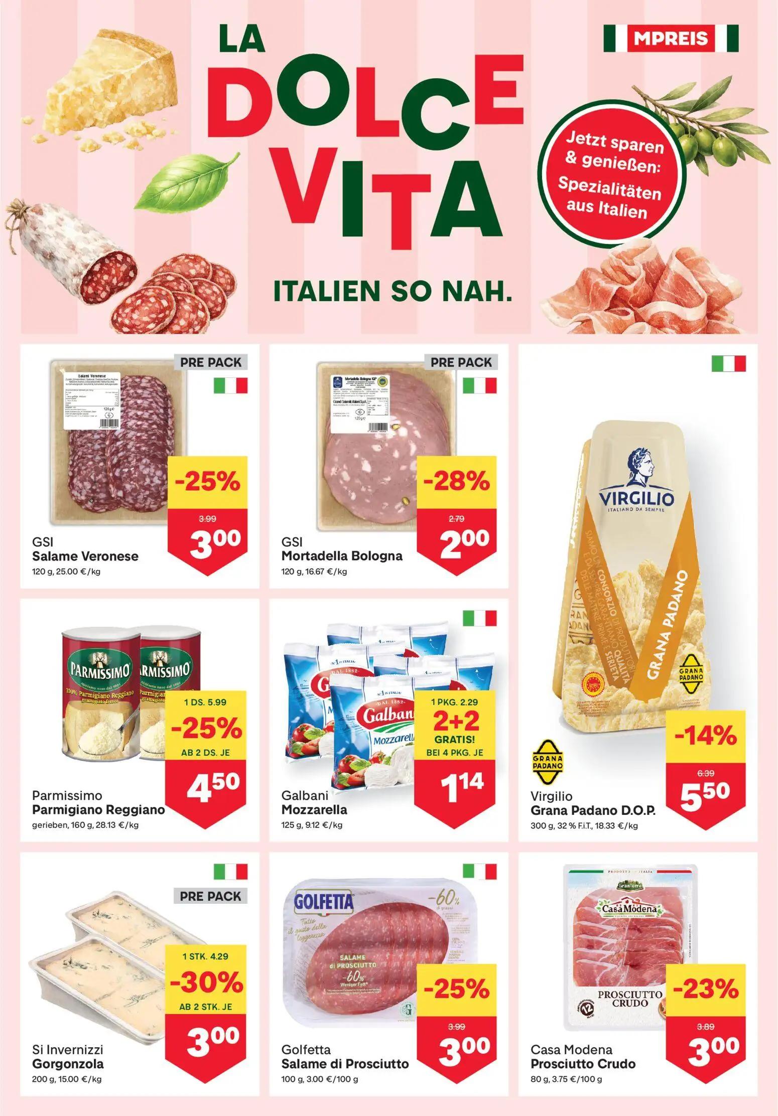MPREIS Prospekt, Seite 5 von 16 — Parmissimo Parmigiano Reggiano gerieben, Si Invernizzi Gorgonzola, Galbani Mozzarella