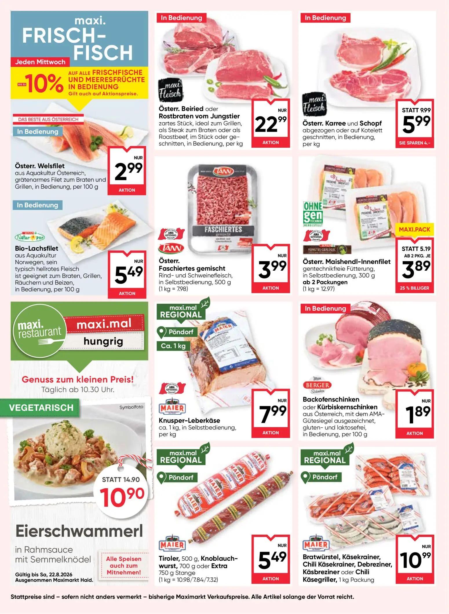Maximarkt Prospekt, Seite 8 von 24 — Österr. Karree und Schopf, Eierschwammerl in Rahmsauce mit Semmelknödel, Österr. Maishe…