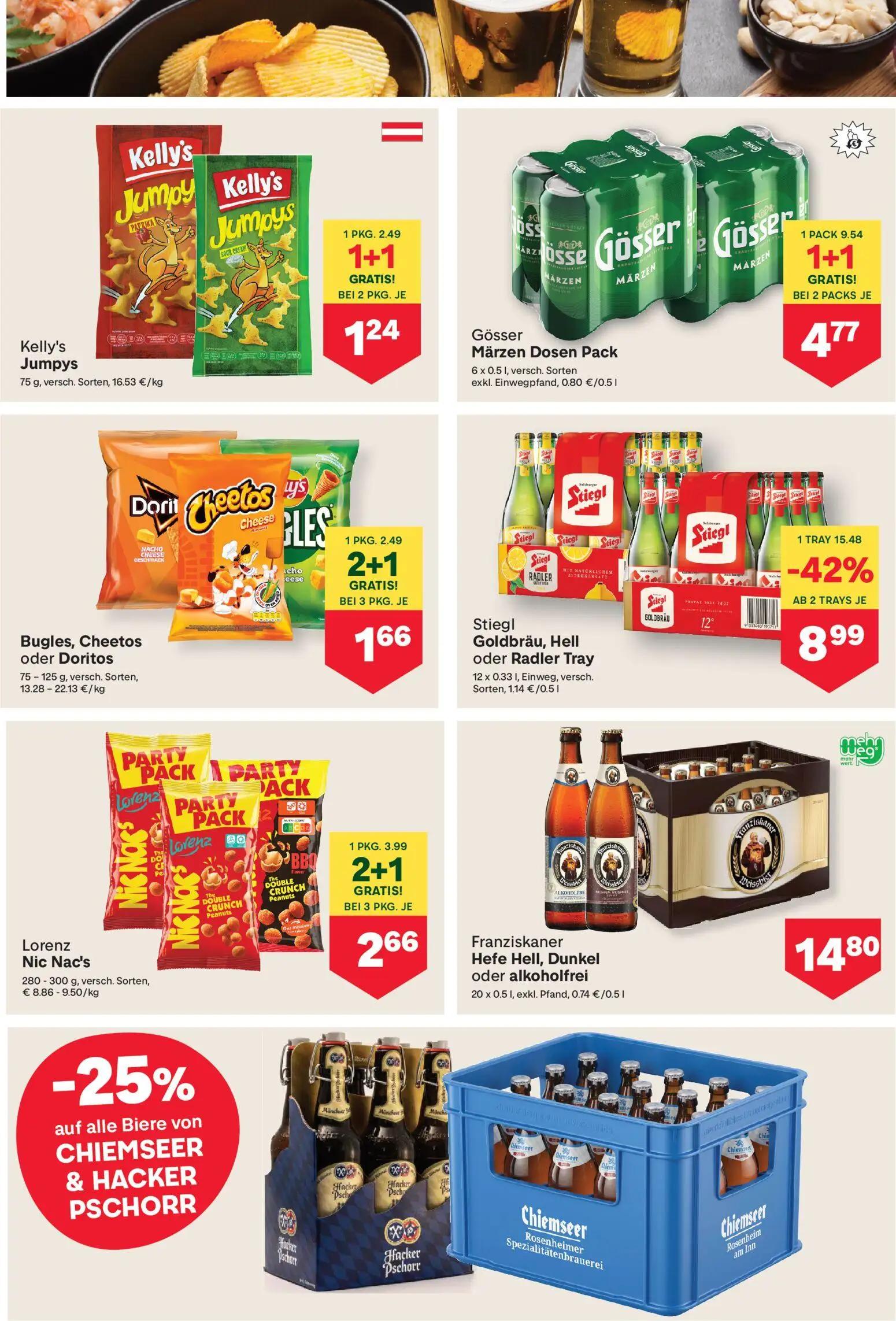 MPREIS Prospekt, Seite 9 von 16 — Stiegl Goldbräu, Hell oder Radler Tray, Gösser Märzen Dosen Pack, Lorenz Nic Nac's