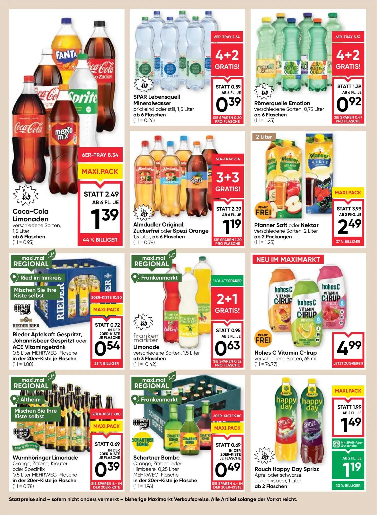 Maximarkt Prospekt, Seite 12 von 24 — Pfanner Saft oder Nektar, Almdudler Original, Zuckerfrei oder Spezi Orange, Coca-Cola …