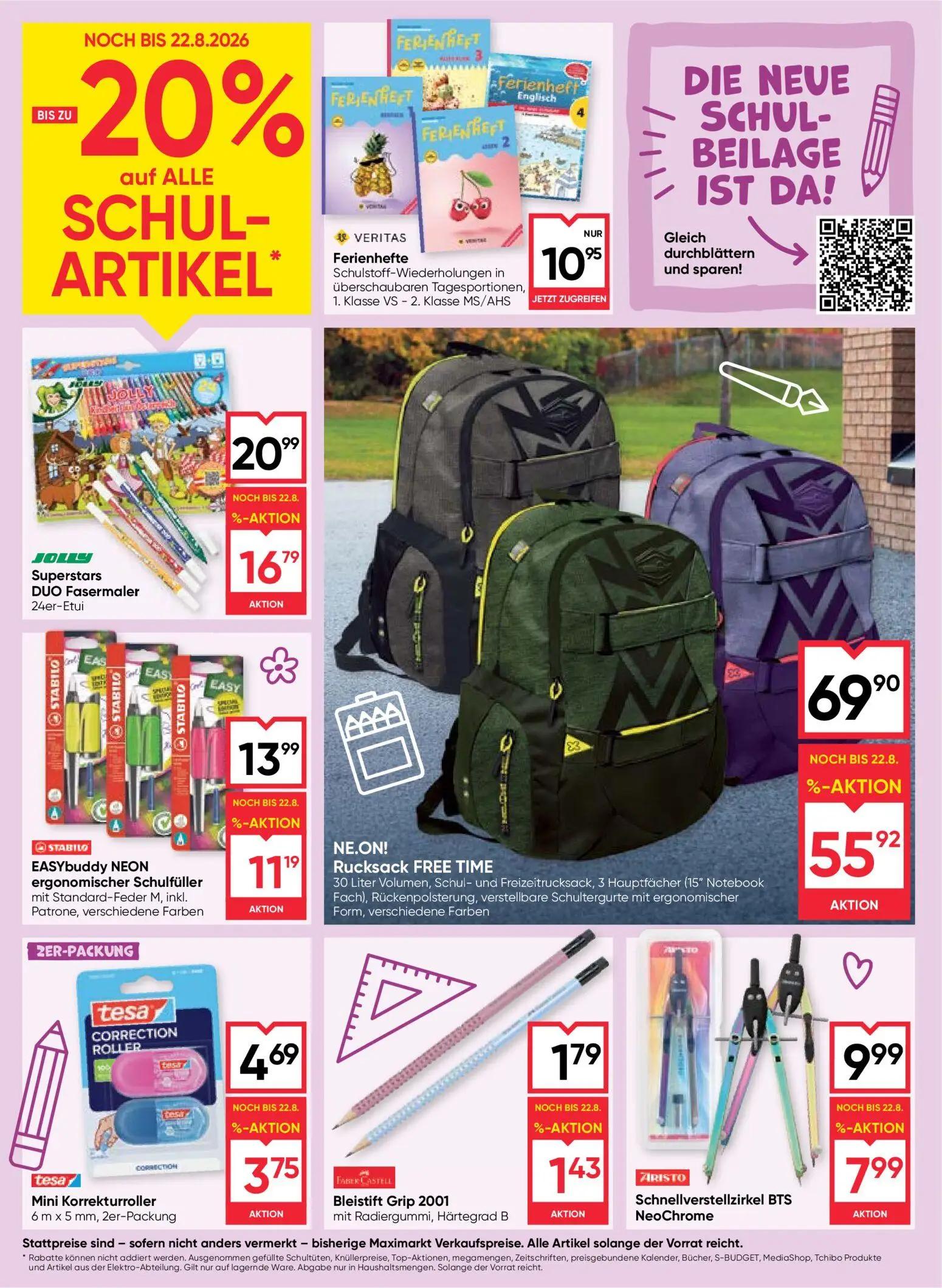 Maximarkt Prospekt, Seite 18 von 24 — Rucksack FREE TIME 30 Liter Volumen, Schul- und Freizeitrucksack, 3 Hauptfächer (15" N…