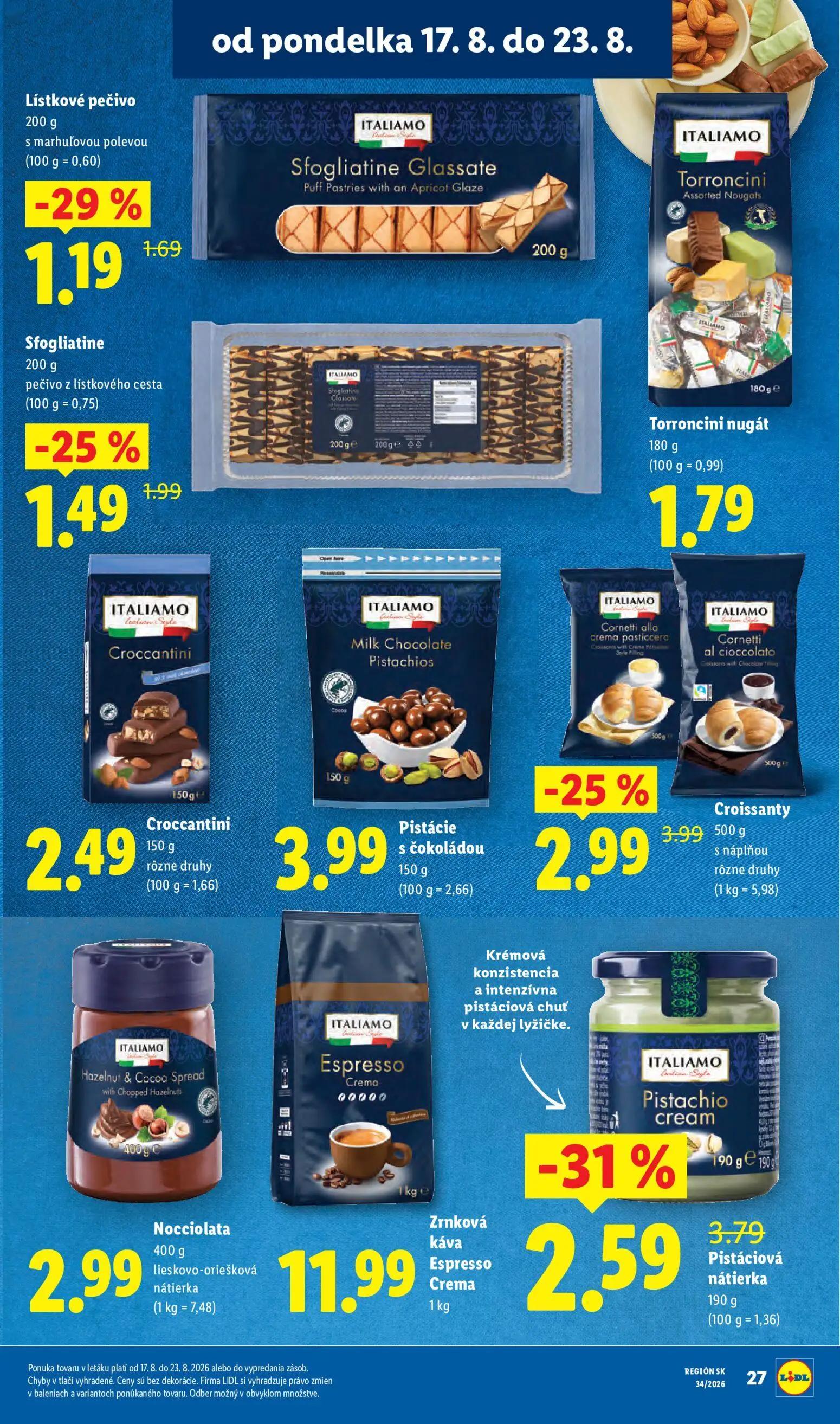 Lidl leták, strana 36 z 95 — Pistachio cream Pistáciová nátierka, Cornetti alla crema pasticcera, Espresso Crema zrnková káva