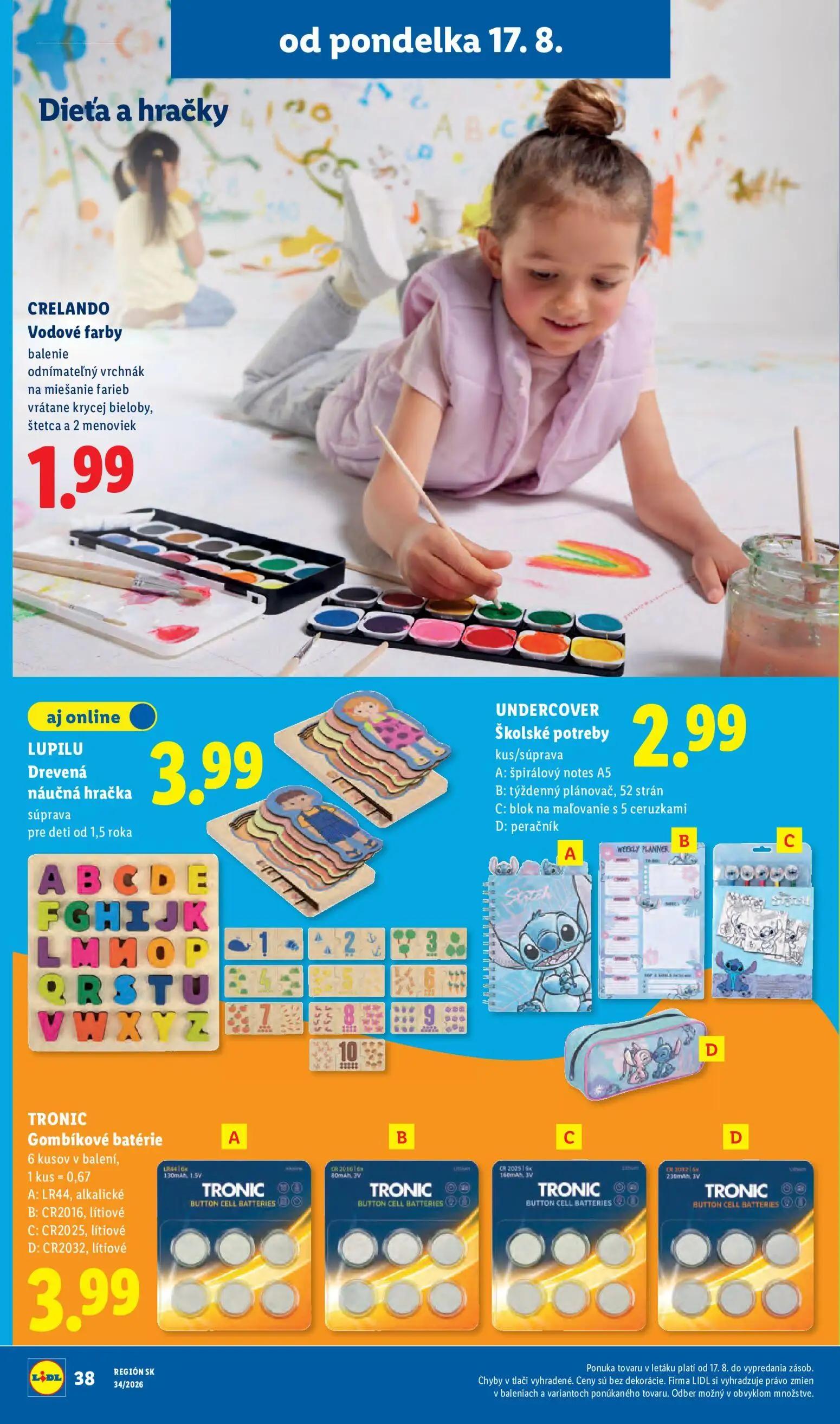 Lidl leták, strana 54 z 95 — Vodové farby, Drevená náučná hračka, Školské potreby A: špirálový notes A5