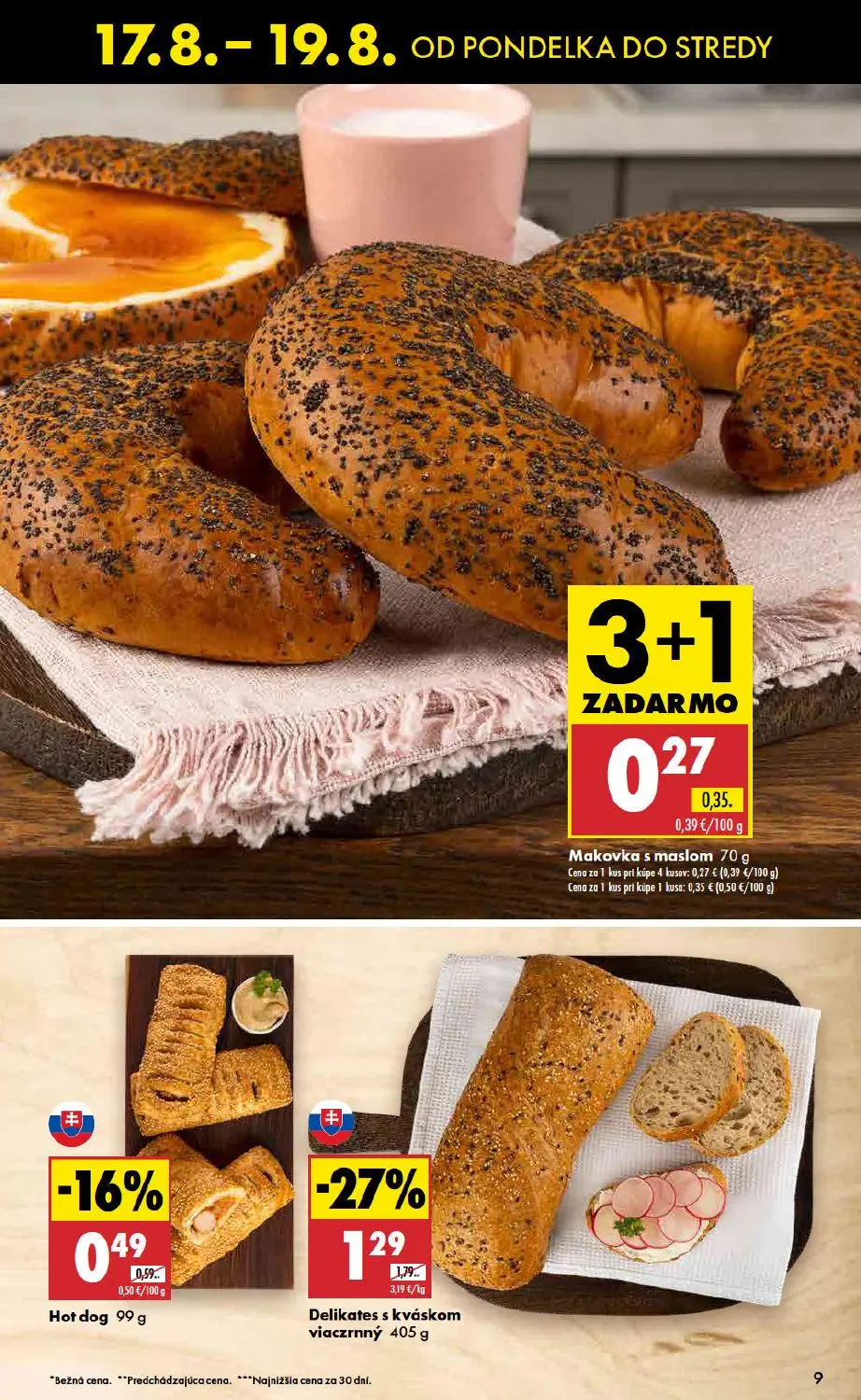 Biedronka leták, strana 9 z 11 — Delikates s kváskom viaczrnný, Hot dog, Makovka s maslom