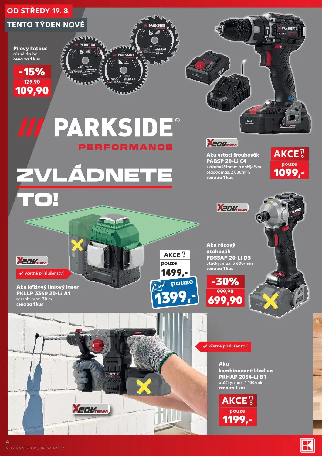 Kaufland leták, strana 4 z 18 — Aku rázový utahovák PDSSAP 20-Li D3, Aku křížový liniový laser PKLLP 3360 20-Li A1, Aku vrta…