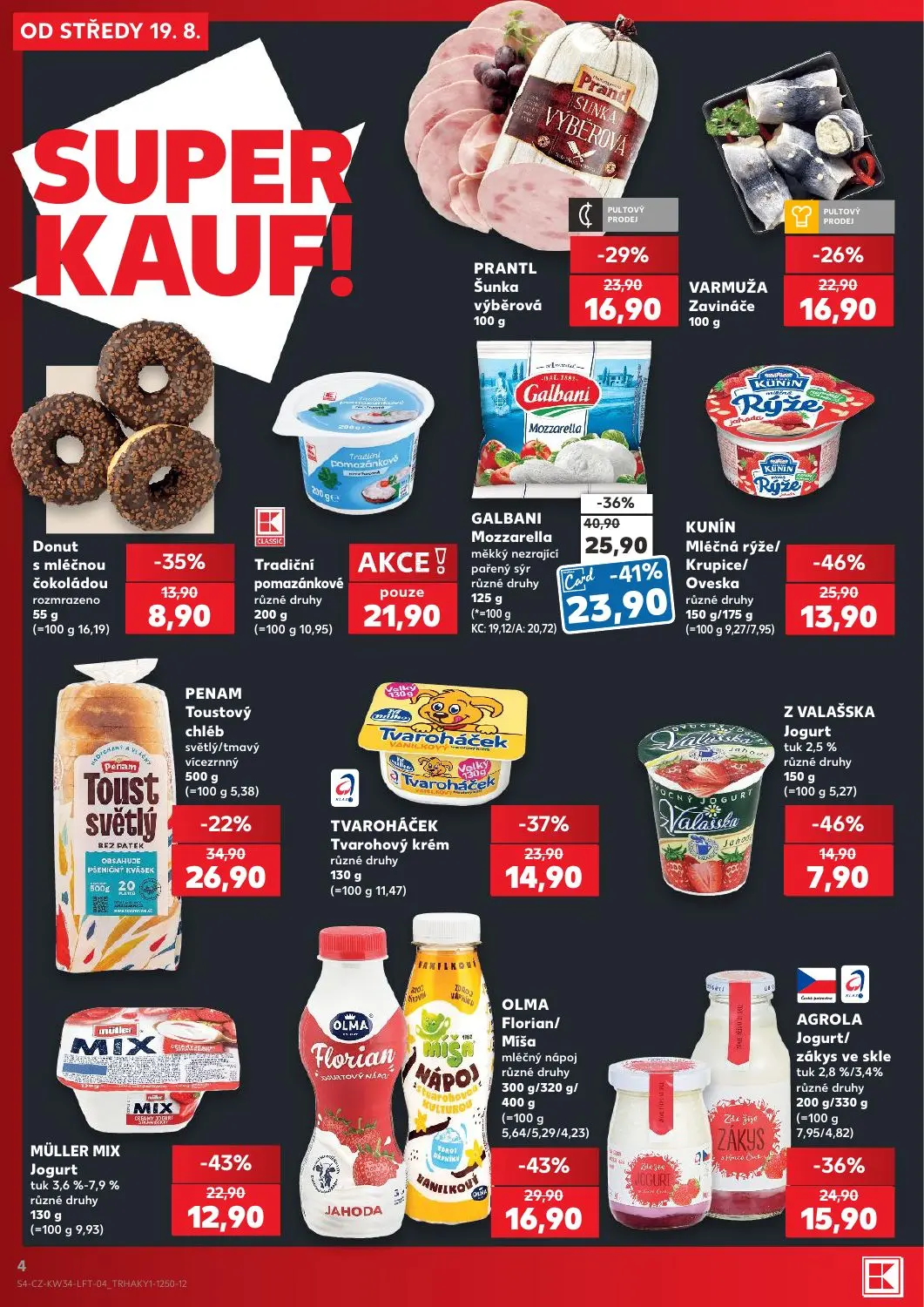 Kaufland leták, strana 4 z 52 — OLMA Florian/Míša mléčný nápoj různé druhy, KUNÍN Mléčná rýže/Krupice/Oveska různé druhy, MÜ…