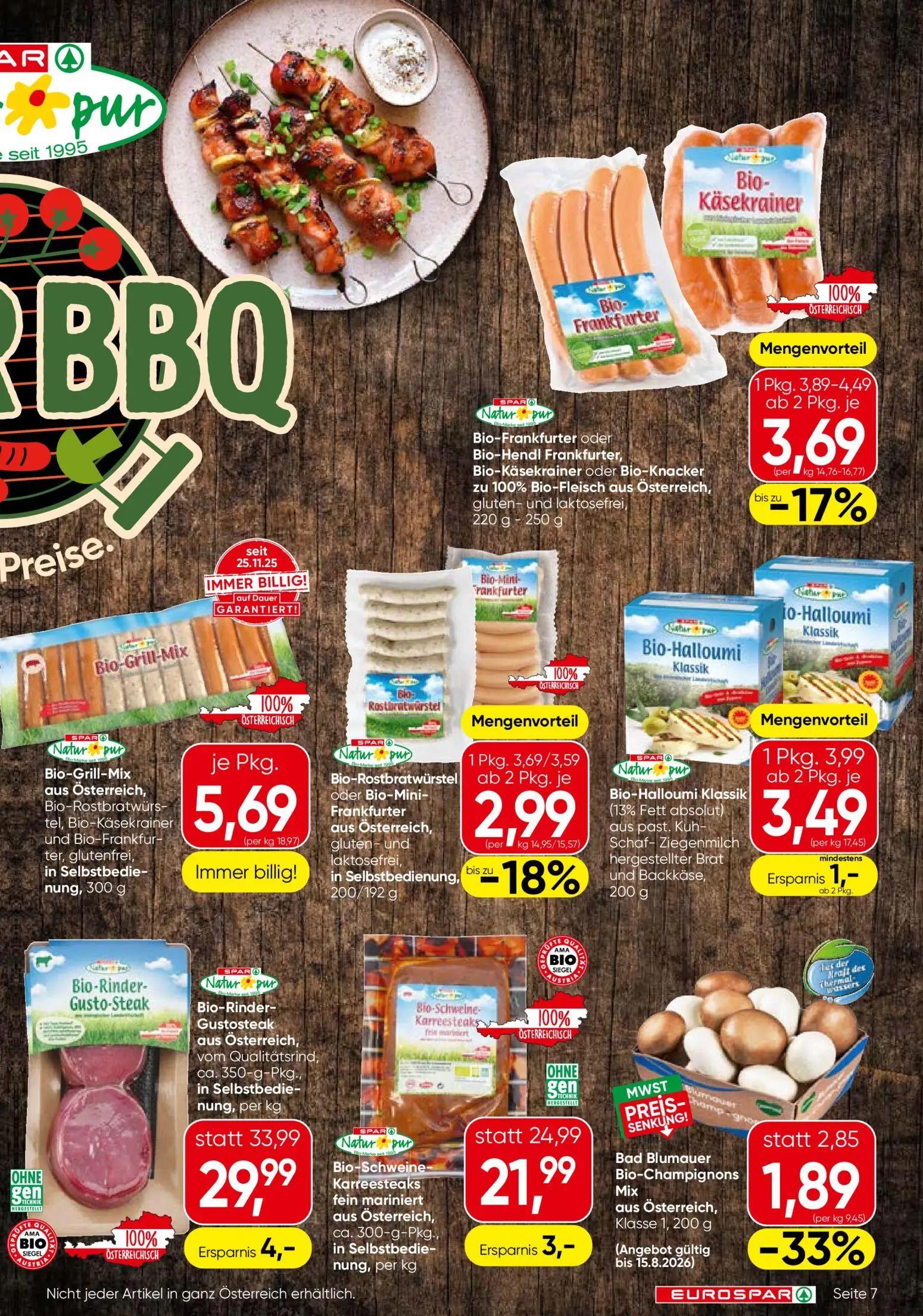 Eurospar Prospekt, Seite 7 von 16 — Bio-Rinder-Gustosteak aus Österreich, vom Qualitätsrind, Bio-Schweine-Karreesteaks fein …
