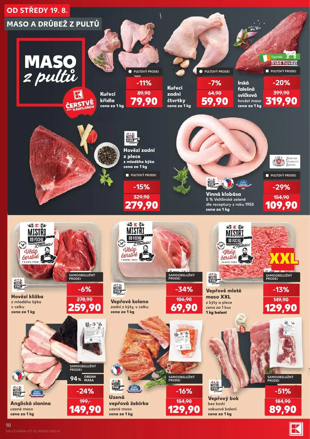 Kaufland leták, strana 10 z 52 — Vepřový bok bez kosti vakuové balení, Irská falešná svíčková hovězí maso, Hovězí zadní z pl…