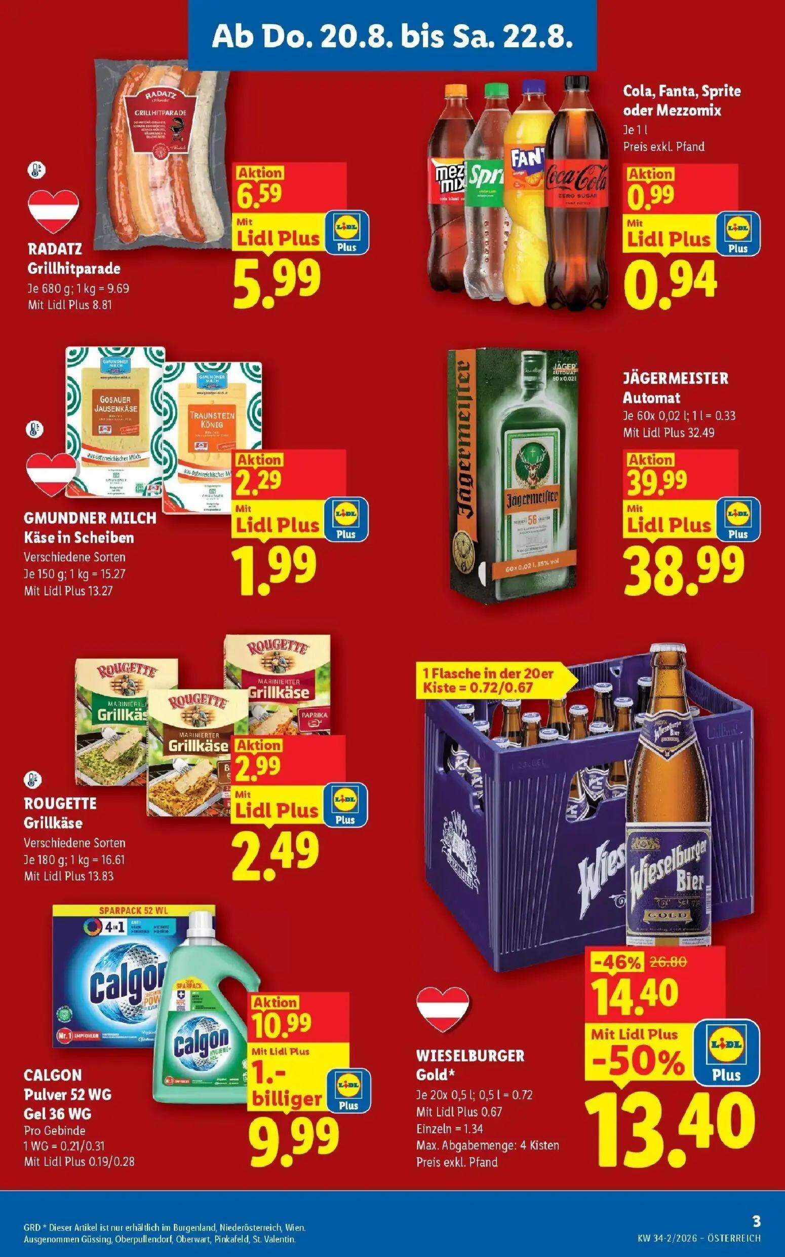 Lidl Prospekt, Seite 3 von 55 — WIESELBURGER Gold, CALGON Pulver 52 WG Gel 36 WG, RADATZ Grillhitparade