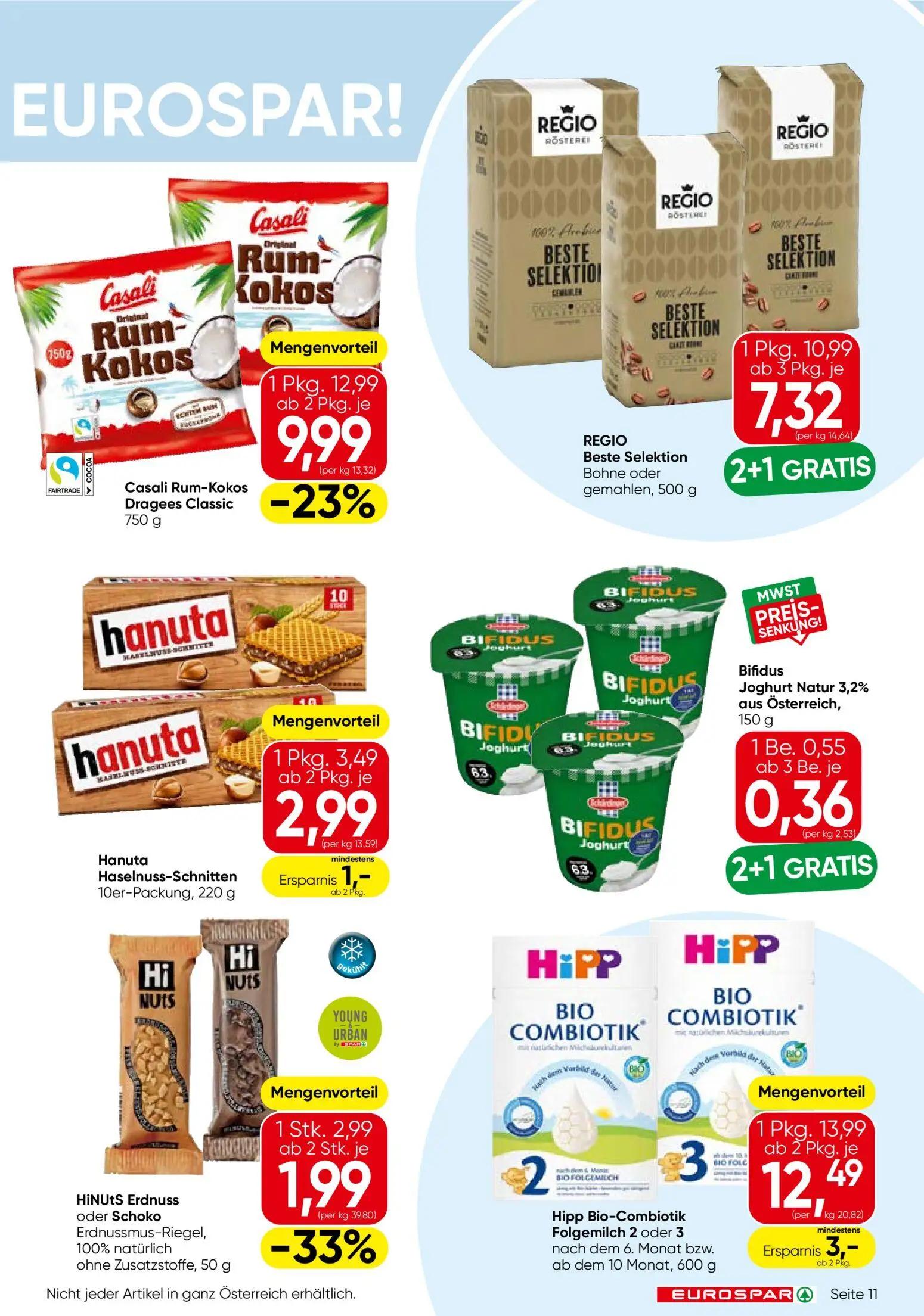 Eurospar Prospekt, Seite 11 von 16 — REGIO Beste Selektion Bohne oder gemahlen, Casali Rum-Kokos Dragees Classic, Hipp Bio-C…