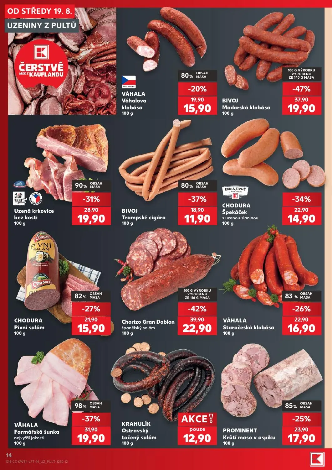 Kaufland leták, strana 14 z 52 — Maďarská klobása, Chorizo Gran Doblon španělský salám, Farmářská šunka nejvyšší jakosti