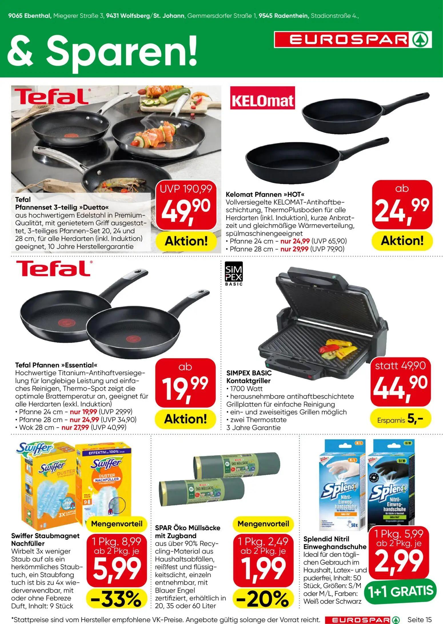 Eurospar Prospekt, Seite 15 von 16 — Tefal Pfannenset 3-teilig "Duetto", Tefal Pfannen "Essential", Kelomat Pfannen "HOT"