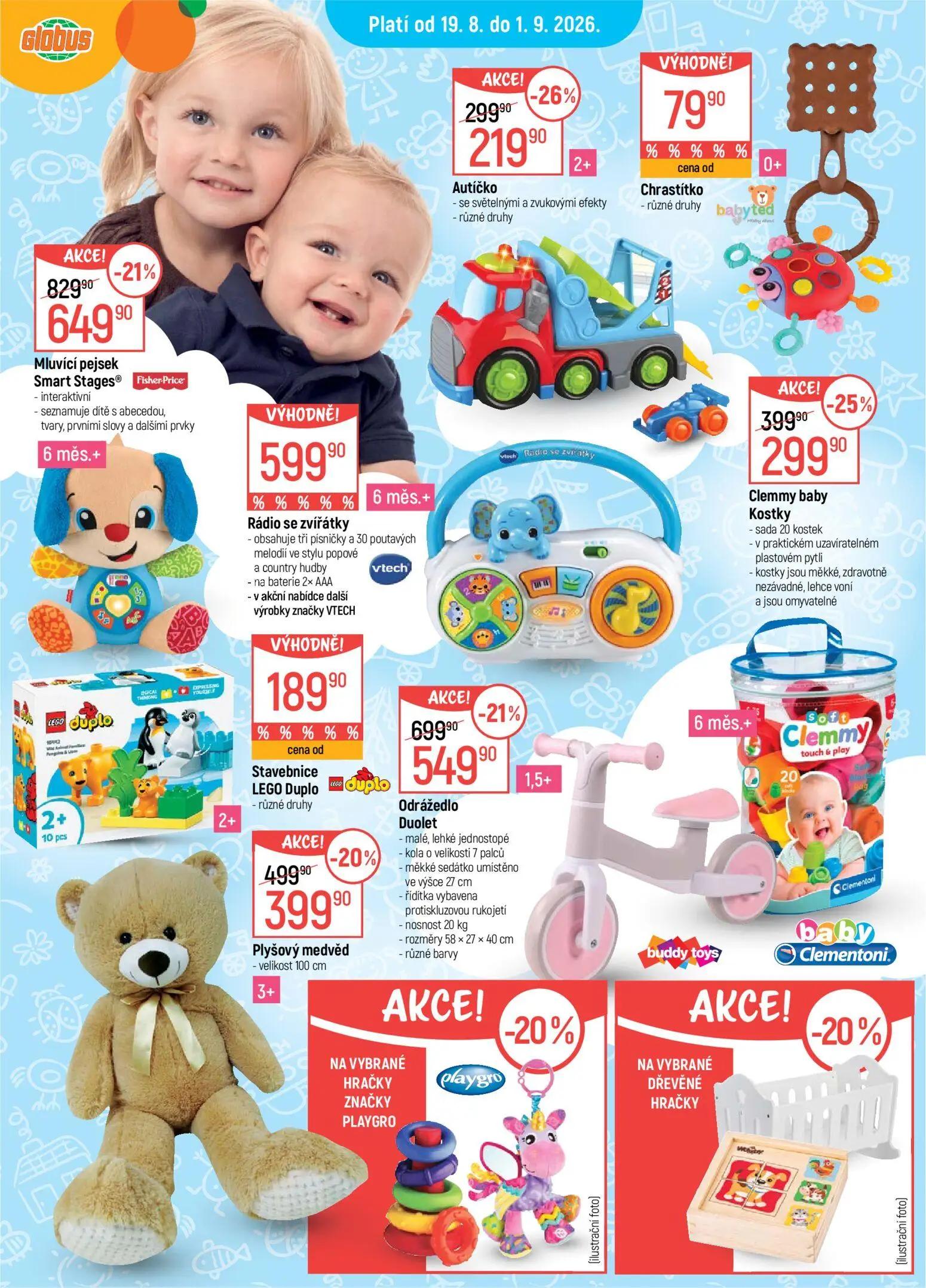 GLOBUS leták, strana 13 z 41 — Mluvící pejsek Smart Stages, Odrážedlo Duolet, Clemmy baby Kostky