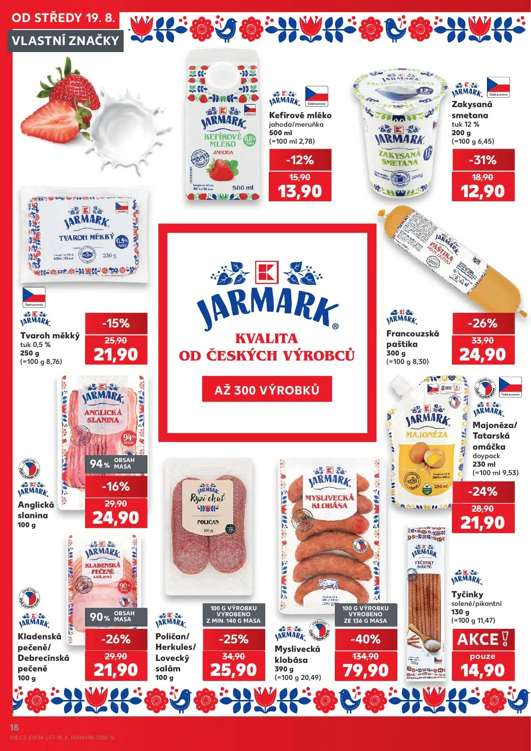 Kaufland leták, strana 18 z 52 — Myslivecká klobása, Poličan/Herkules/Lovecký salám, Kladenská pečeně/Debrecínská pečeně