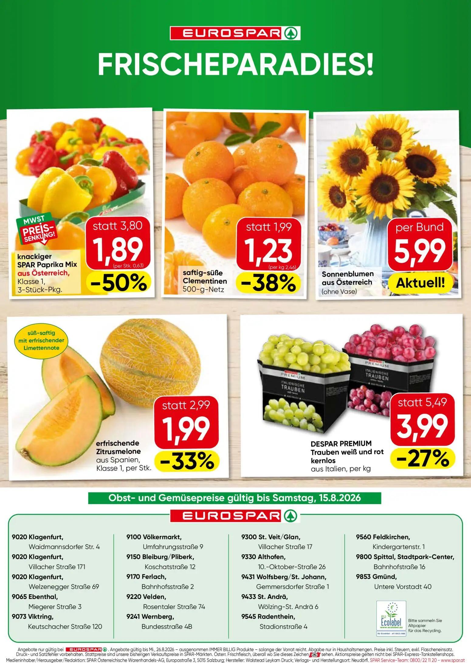 Eurospar Prospekt, Seite 16 von 16 — SPAR Paprika Mix aus Österreich, Klasse 1, 3-Stück-Pkg., DESPAR PREMIUM Trauben weiß un…